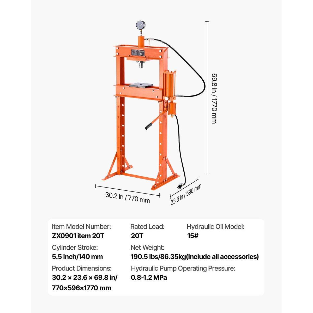 Hydraulic Shop Press, 20 T H-Frame Pneumatic Shop Press with Press Plate, Stable Garage Floor Adjustable Hydraulic Press with Triangular Support, Fit for Bending, Straightening & Stamping