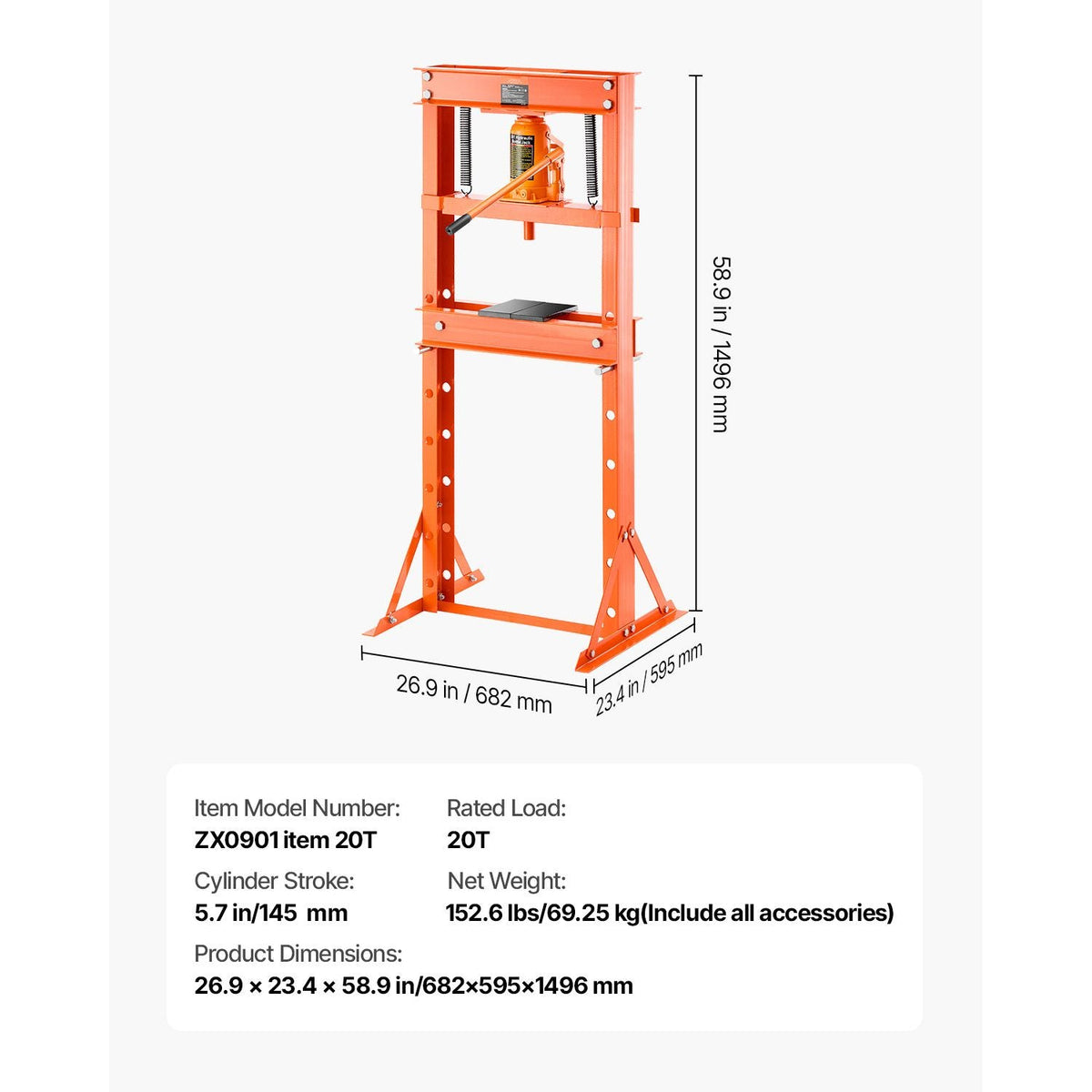 Hydraulic Shop Press, 20 T H-Frame Shop Press with Press Plate & Triangular Support, Stable Garage Floor Adjustable Hydraulic Press with Relief Valve, Fit for Bending, Straightening & Stamping