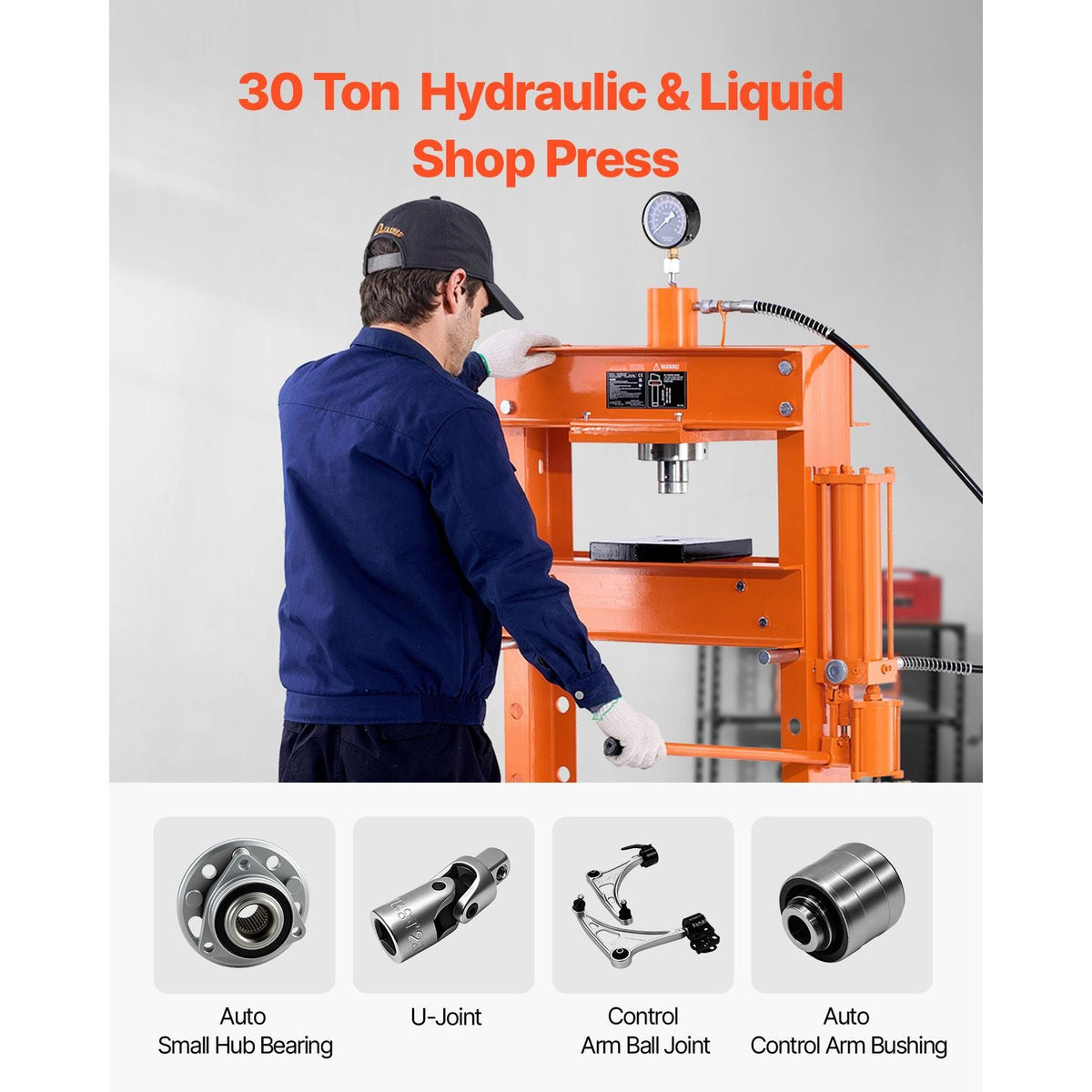 Hydraulic Shop Press, 30 T H-Frame Pneumatic Shop Press with Press Plate & Triangular Support, Stable Garage Floor Adjustable Hydraulic Press with Relief Valve, Fit for Bending & Straightening