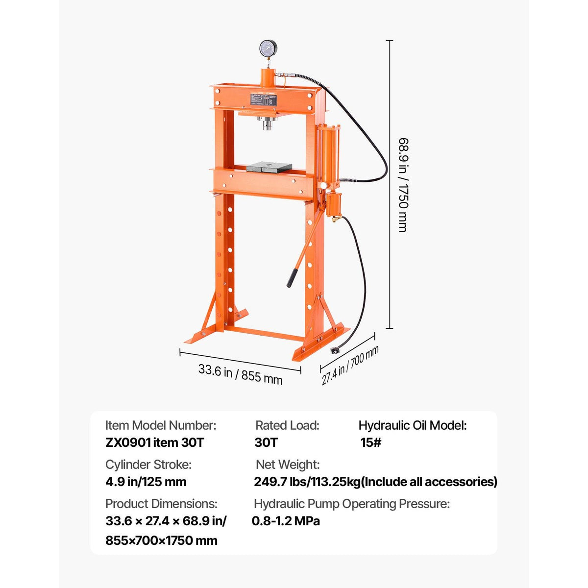 Hydraulic Shop Press, 30 T H-Frame Pneumatic Shop Press with Press Plate & Triangular Support, Stable Garage Floor Adjustable Hydraulic Press with Relief Valve, Fit for Bending & Straightening