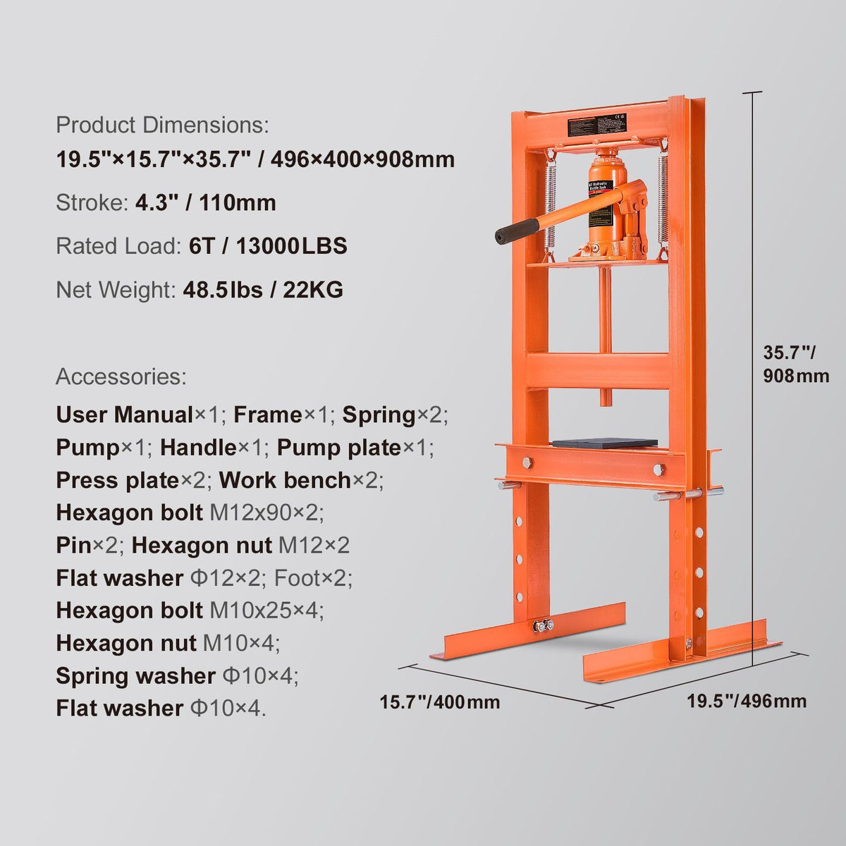 Hydraulic Shop Press, 6 Ton H-Frame Hydraulic Garage/Shop Floor Press, Adjustable Shop Press with Press Plates, Heavy Duty Hydraulic Press for Garage, Shop, Workshop