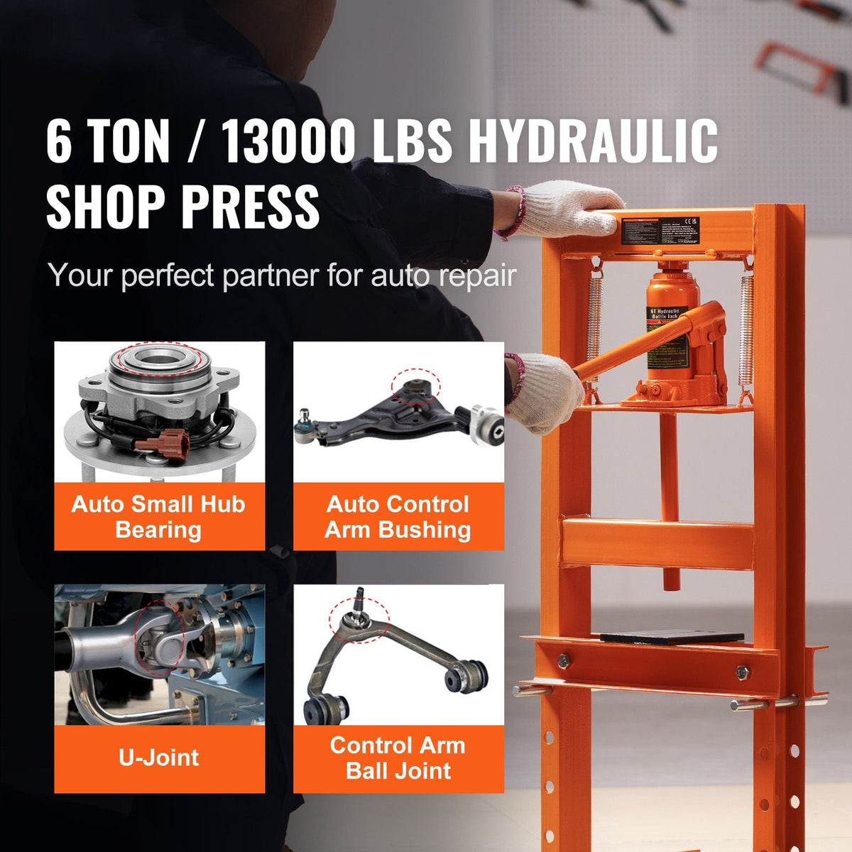 Hydraulic Shop Press, 6 Ton H-Frame Hydraulic Garage/Shop Floor Press, Adjustable Shop Press with Press Plates, Heavy Duty Hydraulic Press for Garage, Shop, Workshop