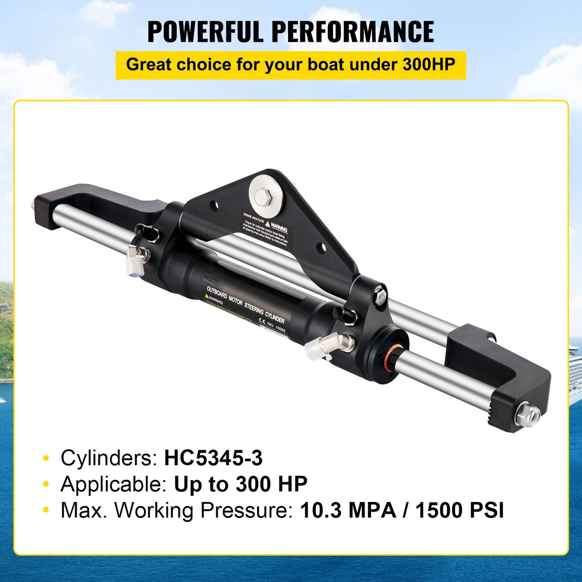 Hydraulic Steering Cylinder 300HP, Hydraulic Steering Front Mount Hydraulic Outboard Marine Steering Kit Without Hydraulic Hose and Helm for Outboards Boat Steering System
