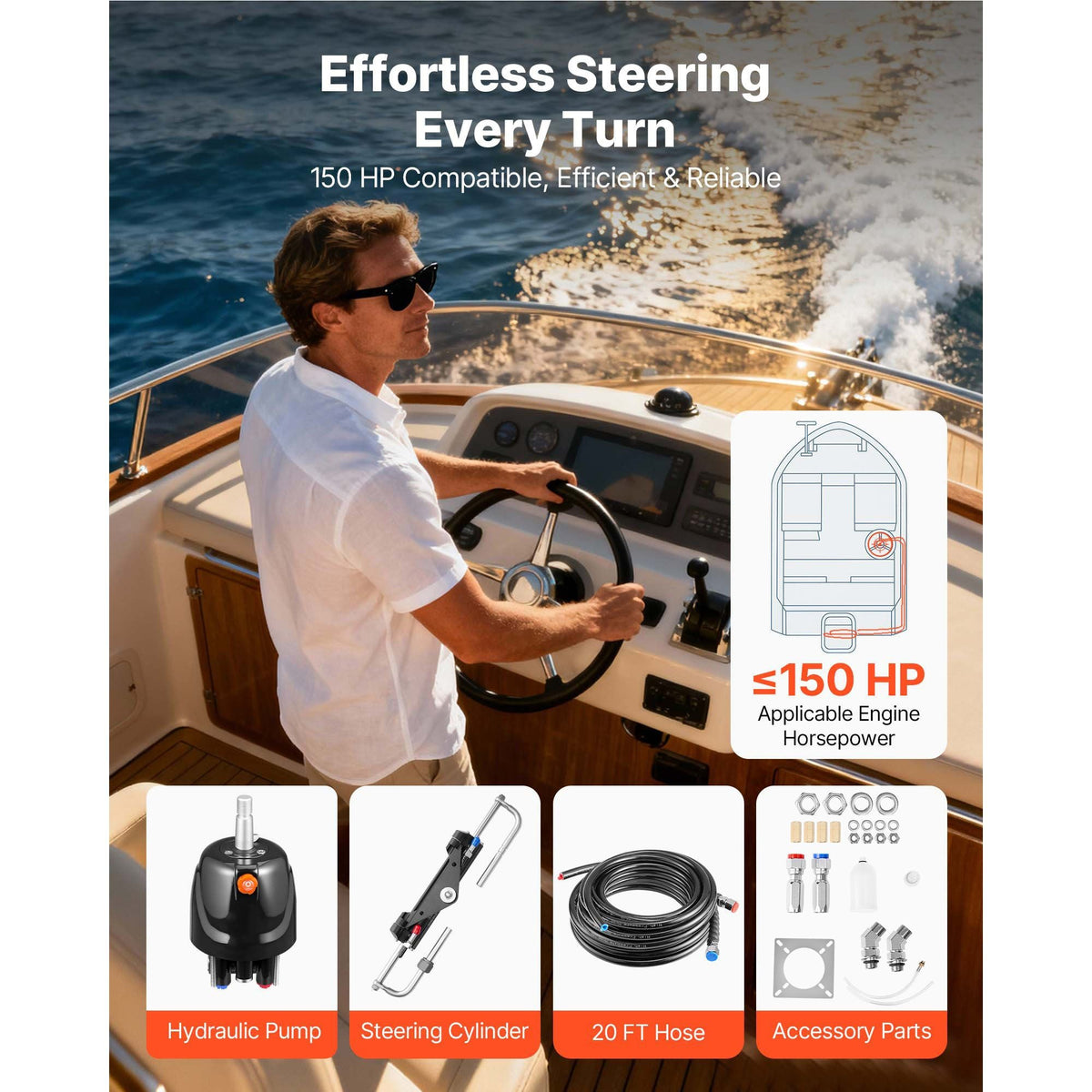 Hydraulic Steering Kit, 150 HP, Marine Boat Hydraulic Steering System, with 6.9 MPa/1000 psi Helm Pump, Two-Way Lock Cylinder, and 20ft High-Strength Hoses, for Single Station, Single-Engine Use