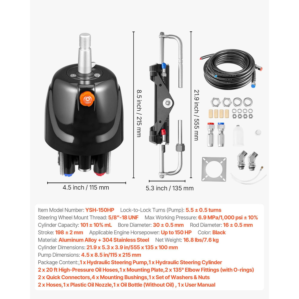 Hydraulic Steering Kit, 150 HP, Marine Boat Hydraulic Steering System, with 6.9 MPa/1000 psi Helm Pump, Two-Way Lock Cylinder, and 20ft High-Strength Hoses, for Single Station, Single-Engine Use