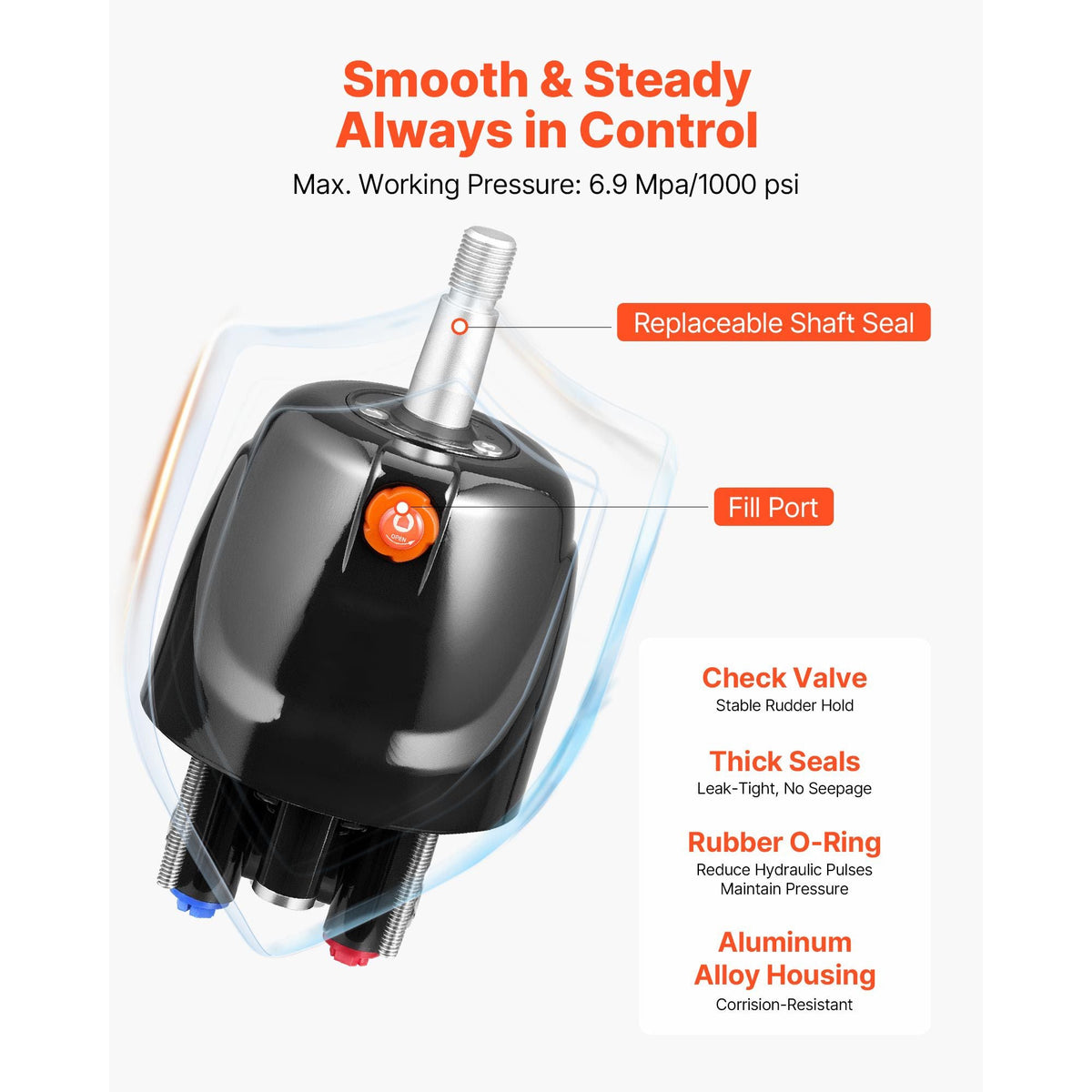 Hydraulic Steering Kit, 150 HP, Marine Boat Hydraulic Steering System, with 6.9 MPa/1000 psi Helm Pump, Two-Way Lock Cylinder, and 20ft High-Strength Hoses, for Single Station, Single-Engine Use