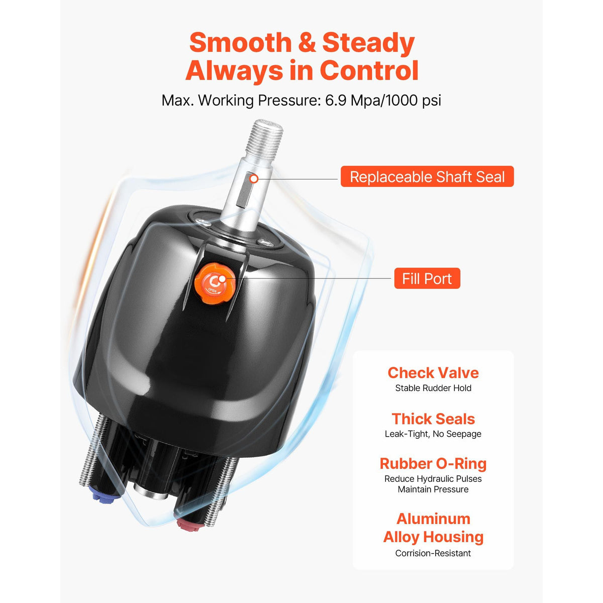 Hydraulic Steering Kit, 300 HP, Marine Boat Hydraulic Steering System, with 6.9 MPa/1000 psi Helm Pump, Two-Way Lock Cylinder, and 26ft High-Strength Hoses, for Single Station, Single-Engine Use