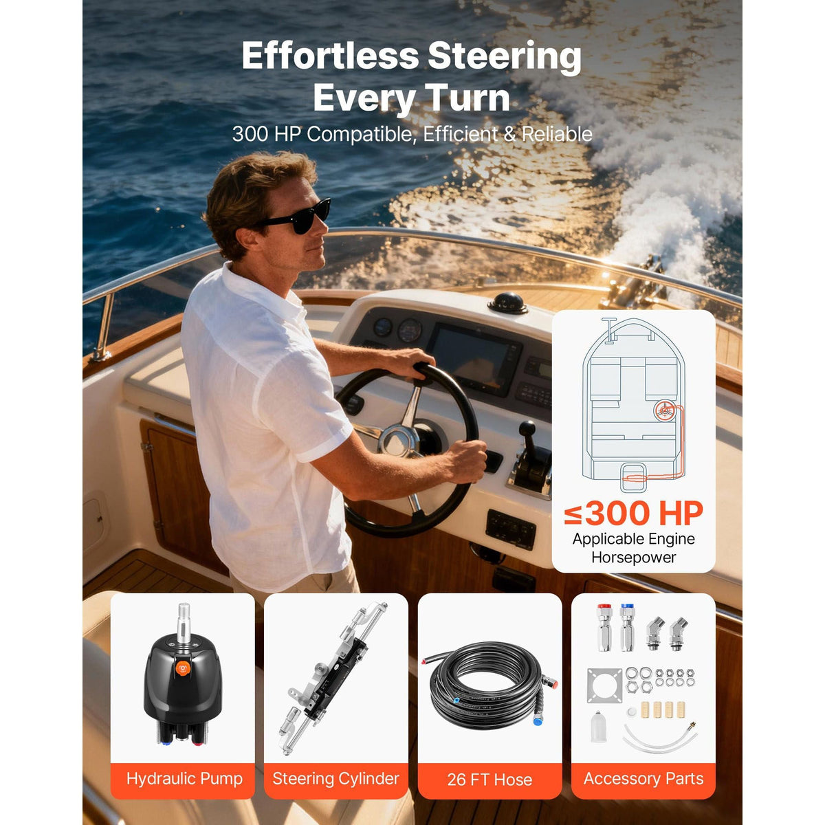 Hydraulic Steering Kit, 300 HP, Marine Boat Hydraulic Steering System, with 6.9 MPa/1000 psi Helm Pump, Two-Way Lock Cylinder, and 26ft High-Strength Hoses, for Single Station, Single-Engine Use