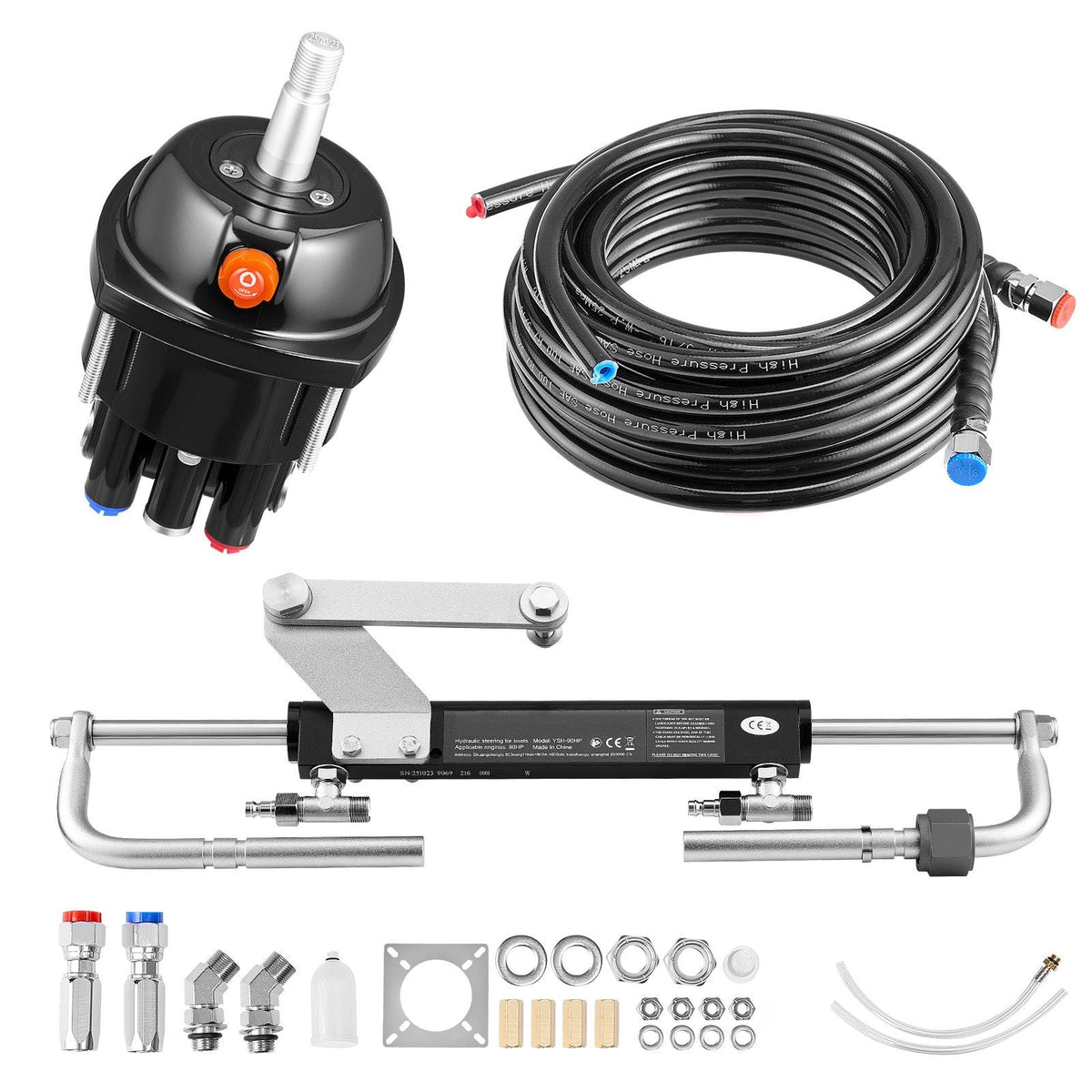 Hydraulic Steering Kit, 90 HP, Marine Boat Hydraulic Steering System, with 6.9 MPa/1000 psi Helm Pump, Two-Way Lock Cylinder, and 20 ft High-Strength Hoses, for Single Station, Single-Engine Use