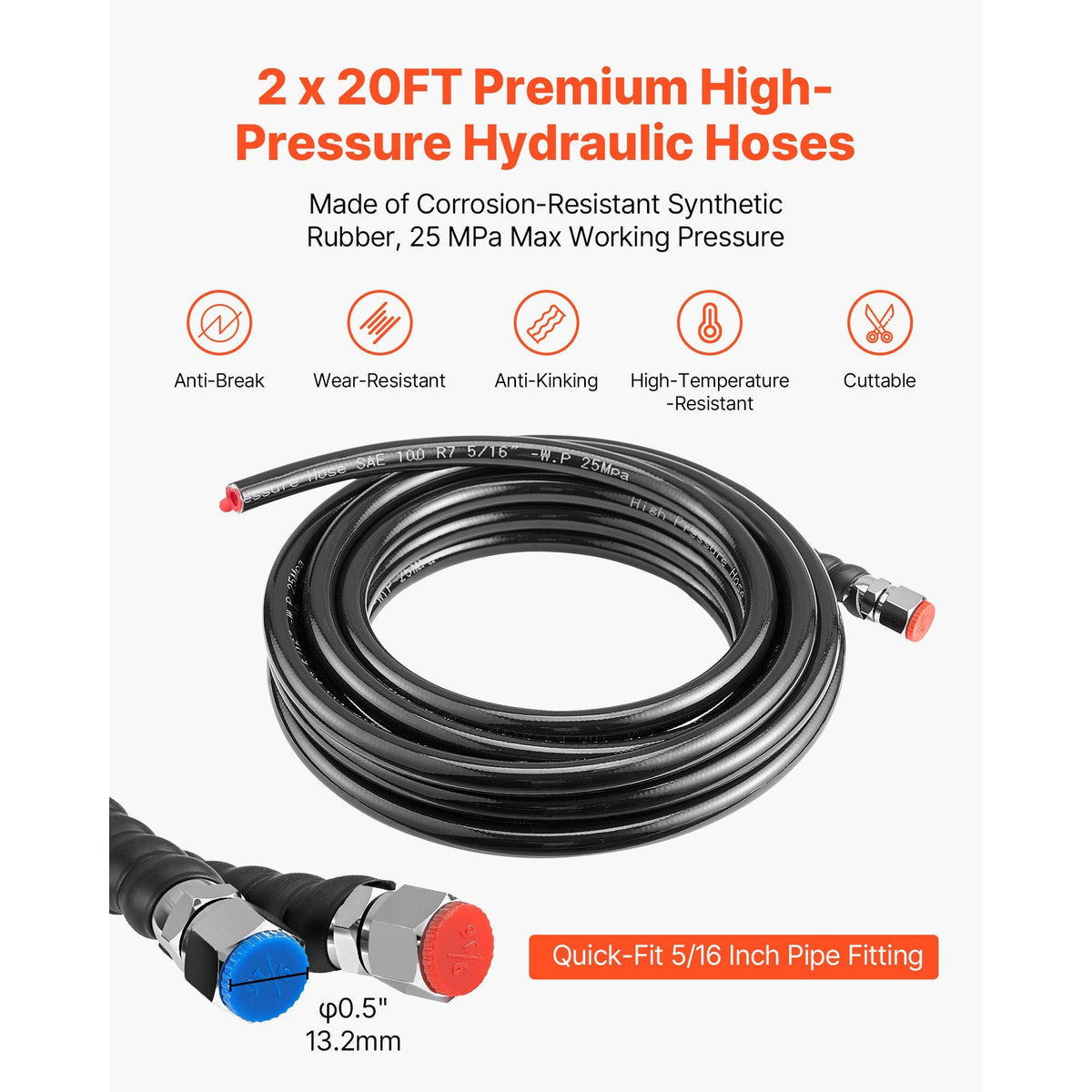 Hydraulic Steering Kit, 90 HP, Marine Boat Hydraulic Steering System, with 6.9 MPa/1000 psi Helm Pump, Two-Way Lock Cylinder, and 20 ft High-Strength Hoses, for Single Station, Single-Engine Use