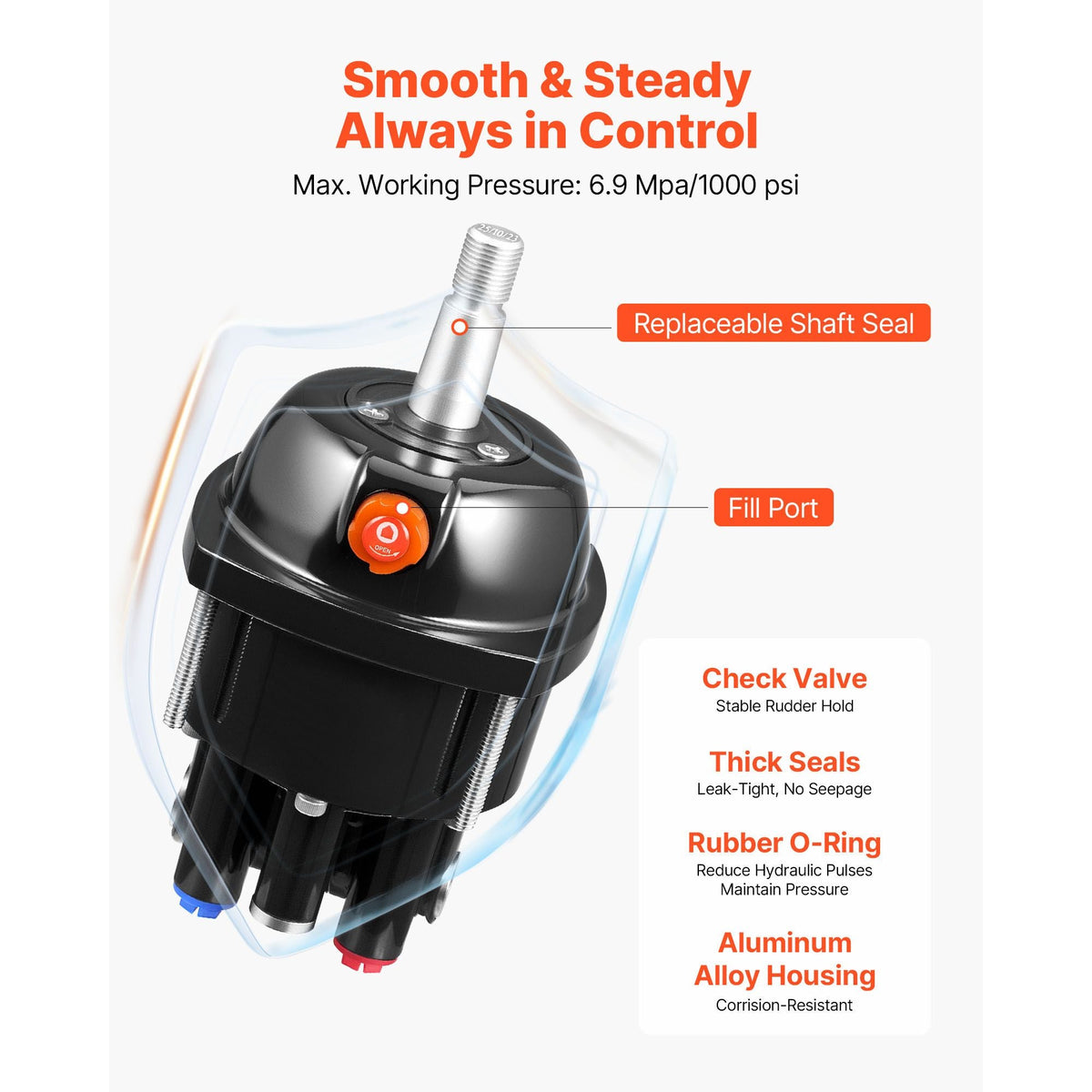 Hydraulic Steering Kit, 90 HP, Marine Boat Hydraulic Steering System, with 6.9 MPa/1000 psi Helm Pump, Two-Way Lock Cylinder, and 20 ft High-Strength Hoses, for Single Station, Single-Engine Use