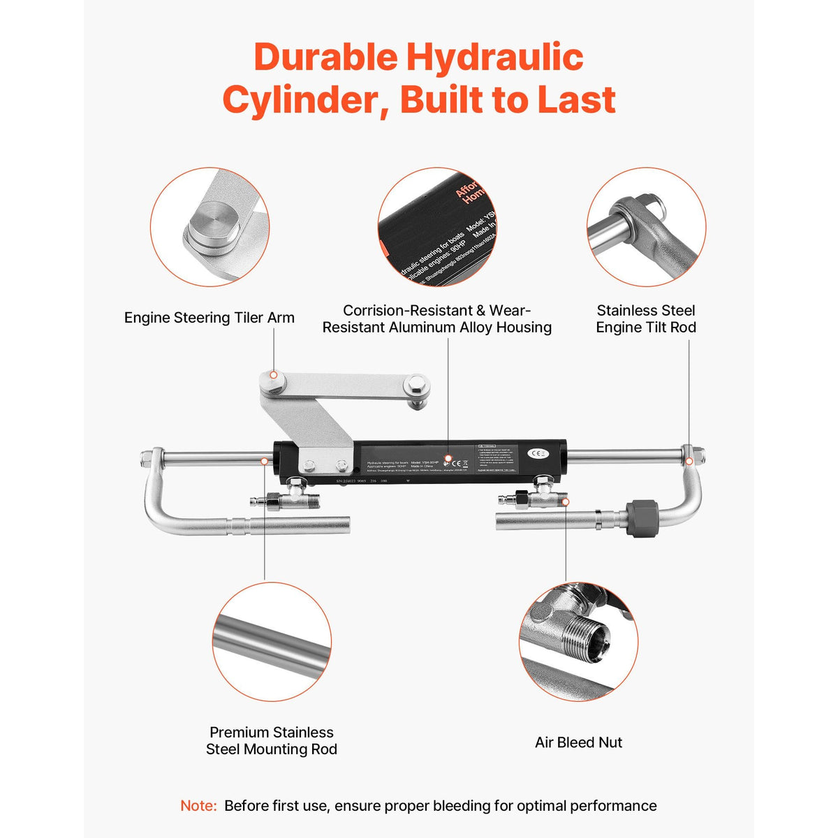 Hydraulic Steering Kit, 90 HP, Marine Boat Hydraulic Steering System, with 6.9 MPa/1000 psi Helm Pump, Two-Way Lock Cylinder, and 20 ft High-Strength Hoses, for Single Station, Single-Engine Use