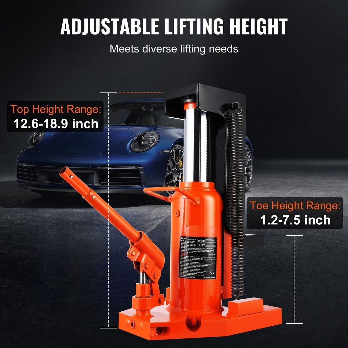 Hydraulic Toe Jack, 10 Ton On Toe Toe Jack Lift, 20 Ton On Top Lift Capacity Machine Jack, 1.2-7.5 in Toe Height, 12.6-18.9 in Top Height, Air Hydraulic Claw Jack for Machinery, Industry