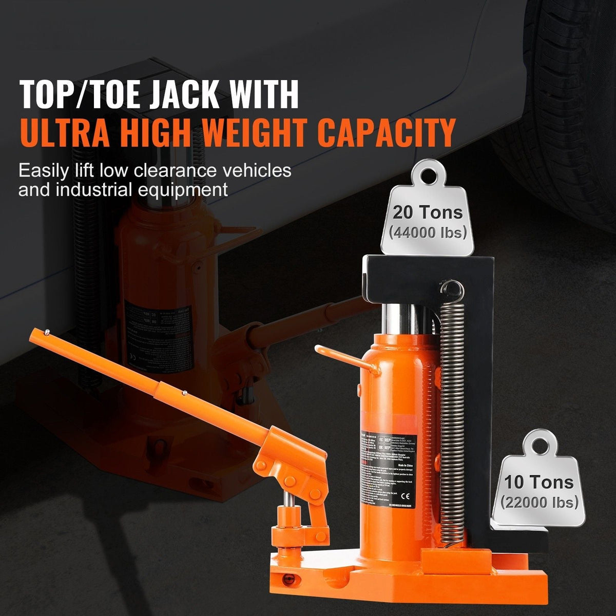 Hydraulic Toe Jack, 10 Ton On Toe Toe Jack Lift, 20 Ton On Top Lift Capacity Machine Jack, 1.2-7.5 in Toe Height, 12.6-18.9 in Top Height, Air Hydraulic Claw Jack for Machinery, Industry