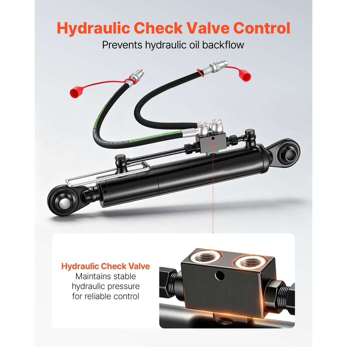 Hydraulic Top Link Cat. 2-2 (11 in Stroke, 22-7/16 in to 33-7/16 in), Max 2900PSI Hydraulic Cylinder with 2 Hoses & G3/8" Check Valves for Tractors