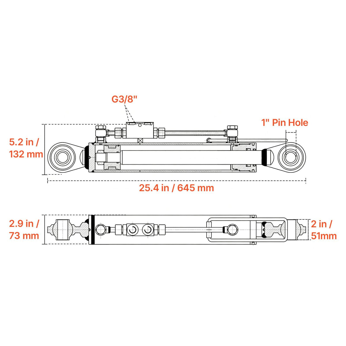 Hydraulic Top Link Cat. 2-2 (11 in Stroke, 22-7/16 in to 33-7/16 in), Max 2900PSI Hydraulic Cylinder with 2 Hoses & G3/8" Check Valves for Tractors