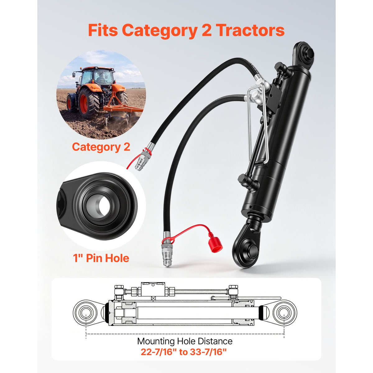 Hydraulic Top Link Cat. 2-2 (11 in Stroke, 22-7/16 in to 33-7/16 in), Max 2900PSI Hydraulic Cylinder with 2 Hoses & G3/8" Check Valves for Tractors