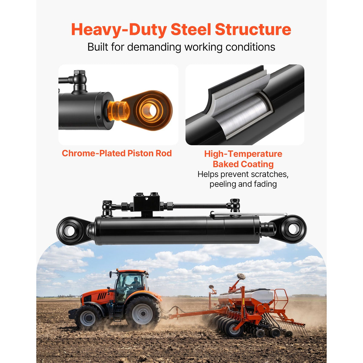 Hydraulic Top Link Cat. 2-2 (11 in Stroke, 22-7/16 in to 33-7/16 in), Max 2900PSI Hydraulic Cylinder with 2 Hoses & G3/8" Check Valves for Tractors
