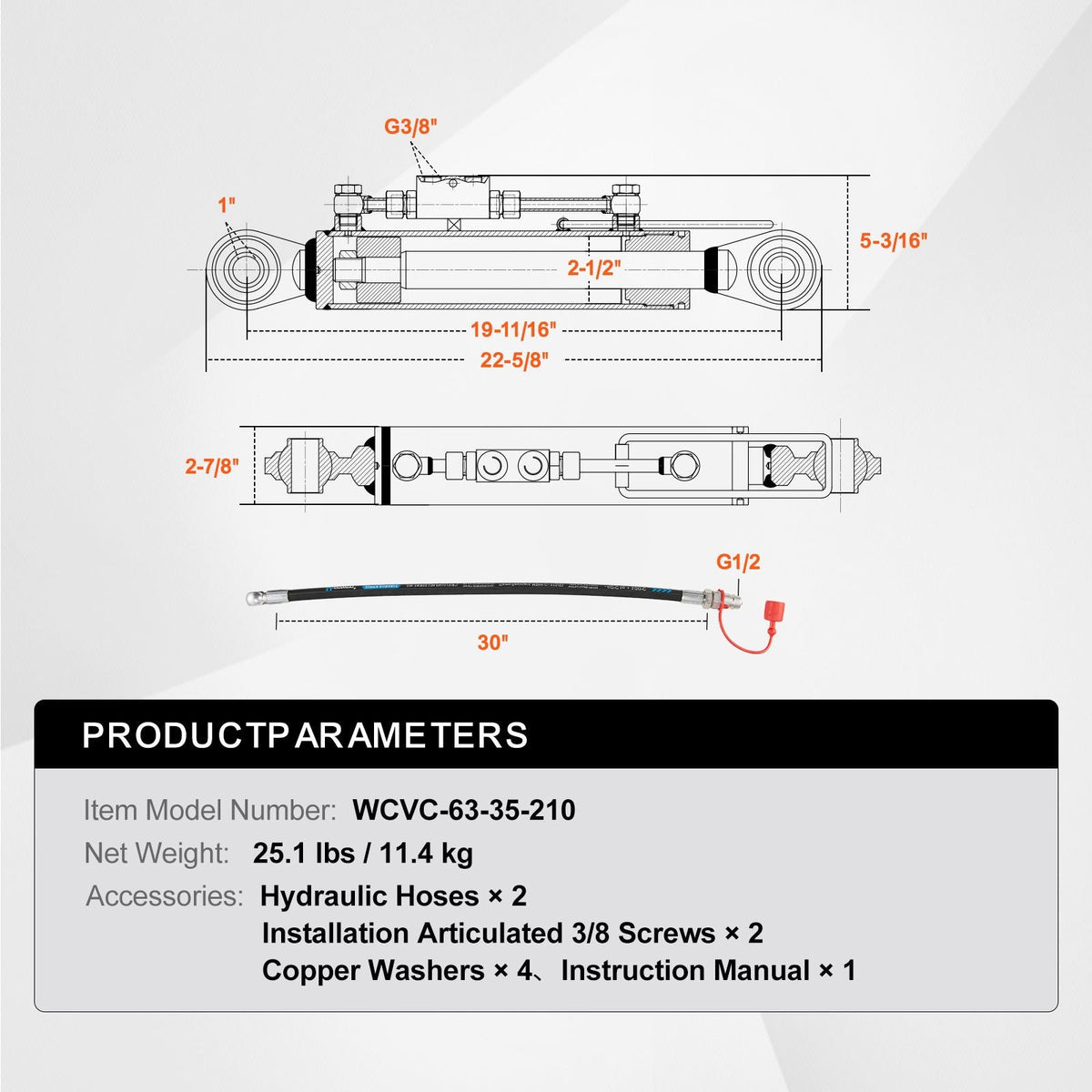 Hydraulic Top Link Cat. 2-2(8-5/16 in, 19-11/16~28 in), Hydraulic Cylinder with 2 Hoses & G3/8" Check Valve