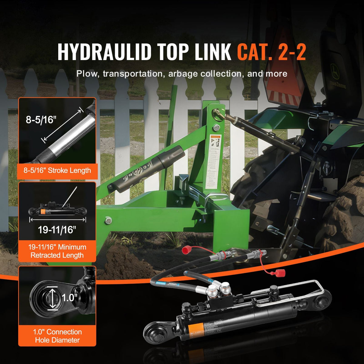 Hydraulic Top Link Cat. 2-2(8-5/16 in, 19-11/16~28 in), Hydraulic Cylinder with 2 Hoses & G3/8" Check Valve