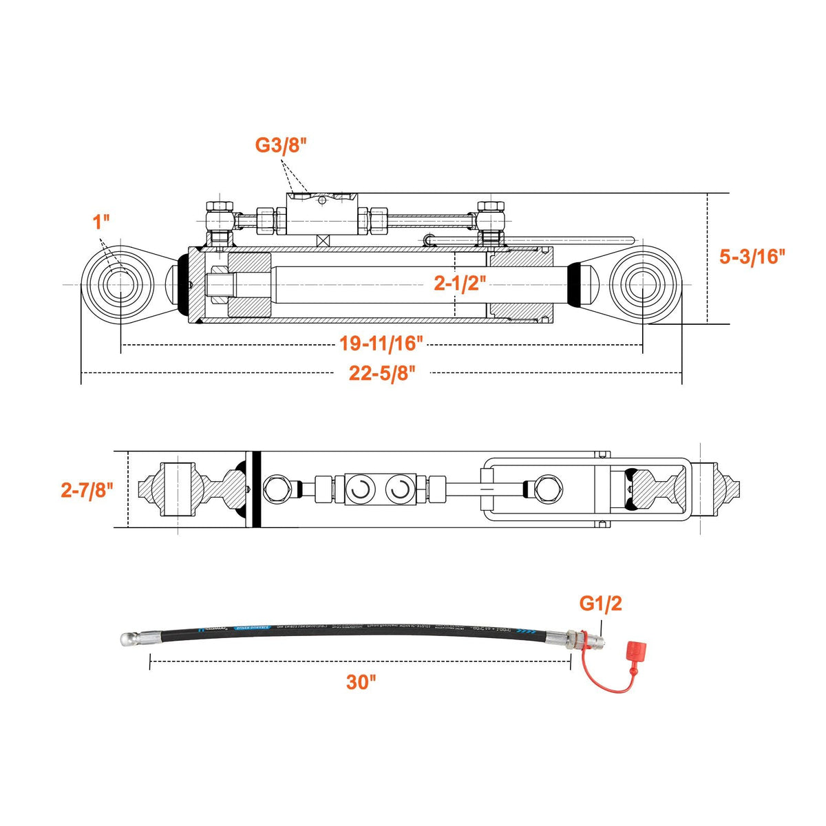 Hydraulic Top Link Cat. 2-2(8-5/16 in, 19-11/16~28 in), Hydraulic Cylinder with 2 Hoses & G3/8" Check Valve