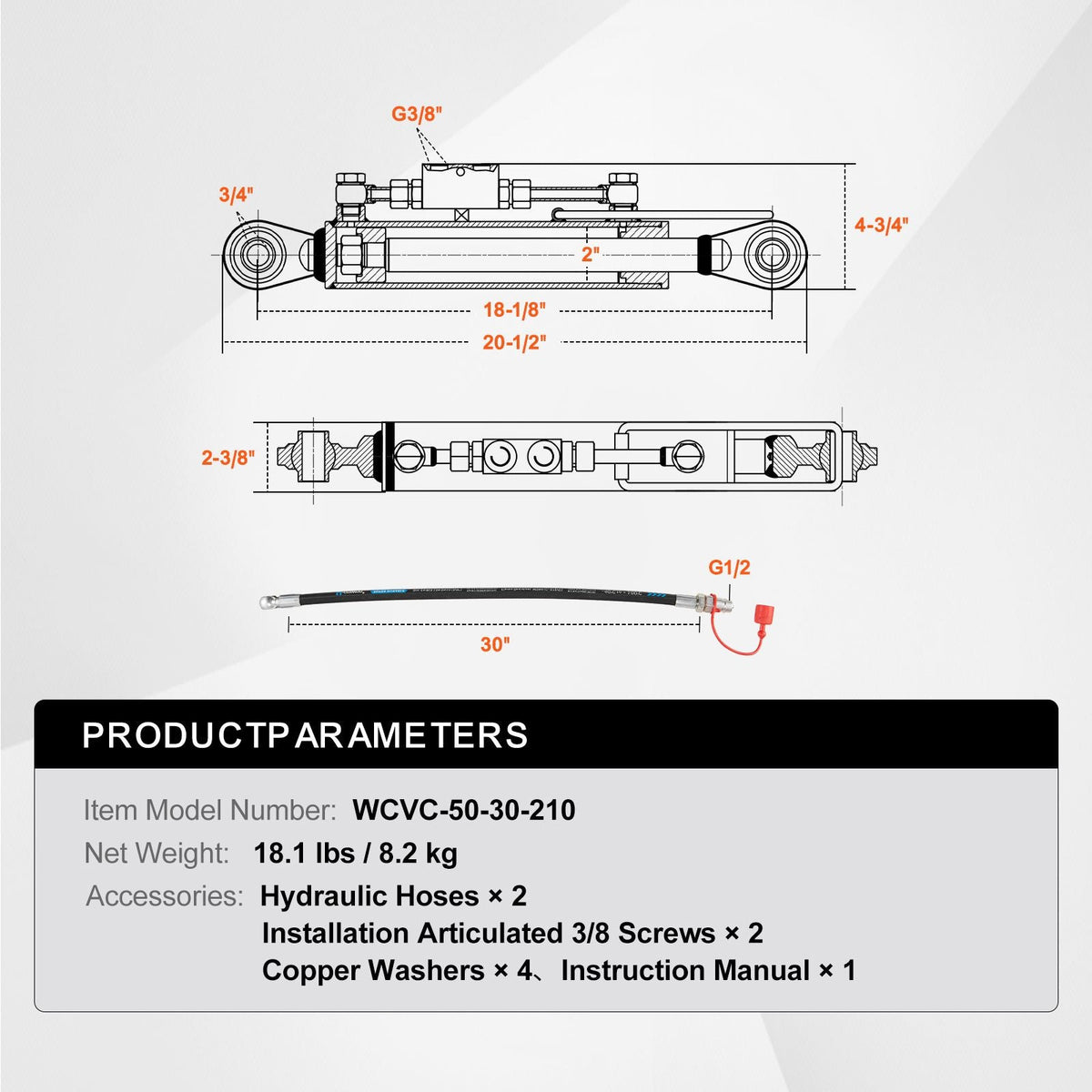 Hydraulic Top Link Cat.1-1 (8-1/4 in, 18-1/8~26-3/8 in ), Hydraulic Cylinder with 2 Hoses & G3/8" Check Valve