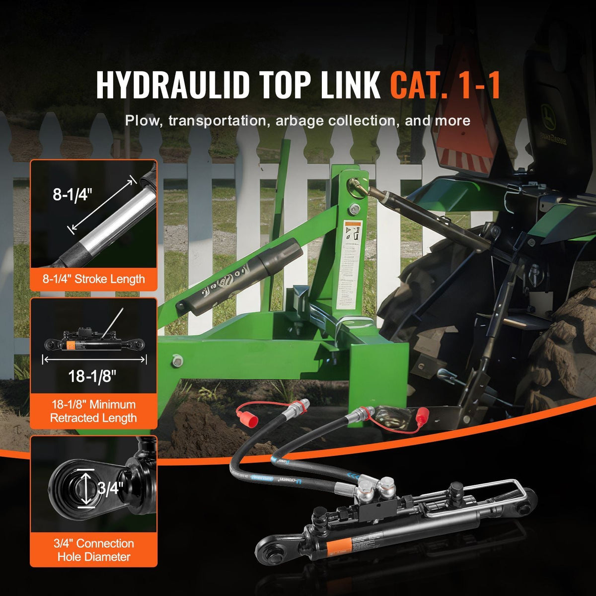 Hydraulic Top Link Cat.1-1 (8-1/4 in, 18-1/8~26-3/8 in ), Hydraulic Cylinder with 2 Hoses & G3/8" Check Valve
