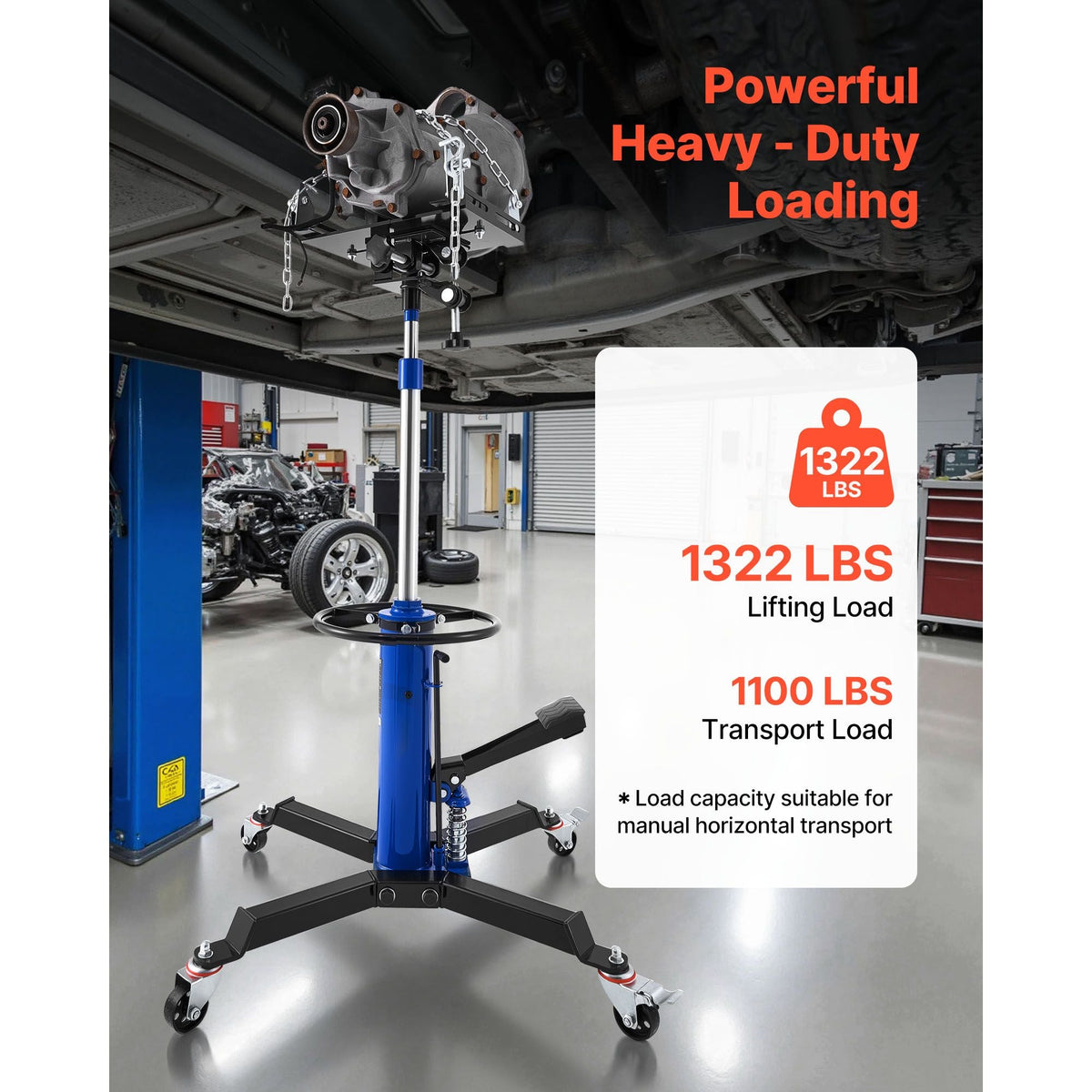 Hydraulic Transmission Jack, 1322 lbs / 0.6 Ton Lifting Capacity Telescoping Transmission Jack with Foot Pedal, Dual Telescopic Trans, 34.6-69.3 in High Lifting Height, Garage/Shop Lift Hoist