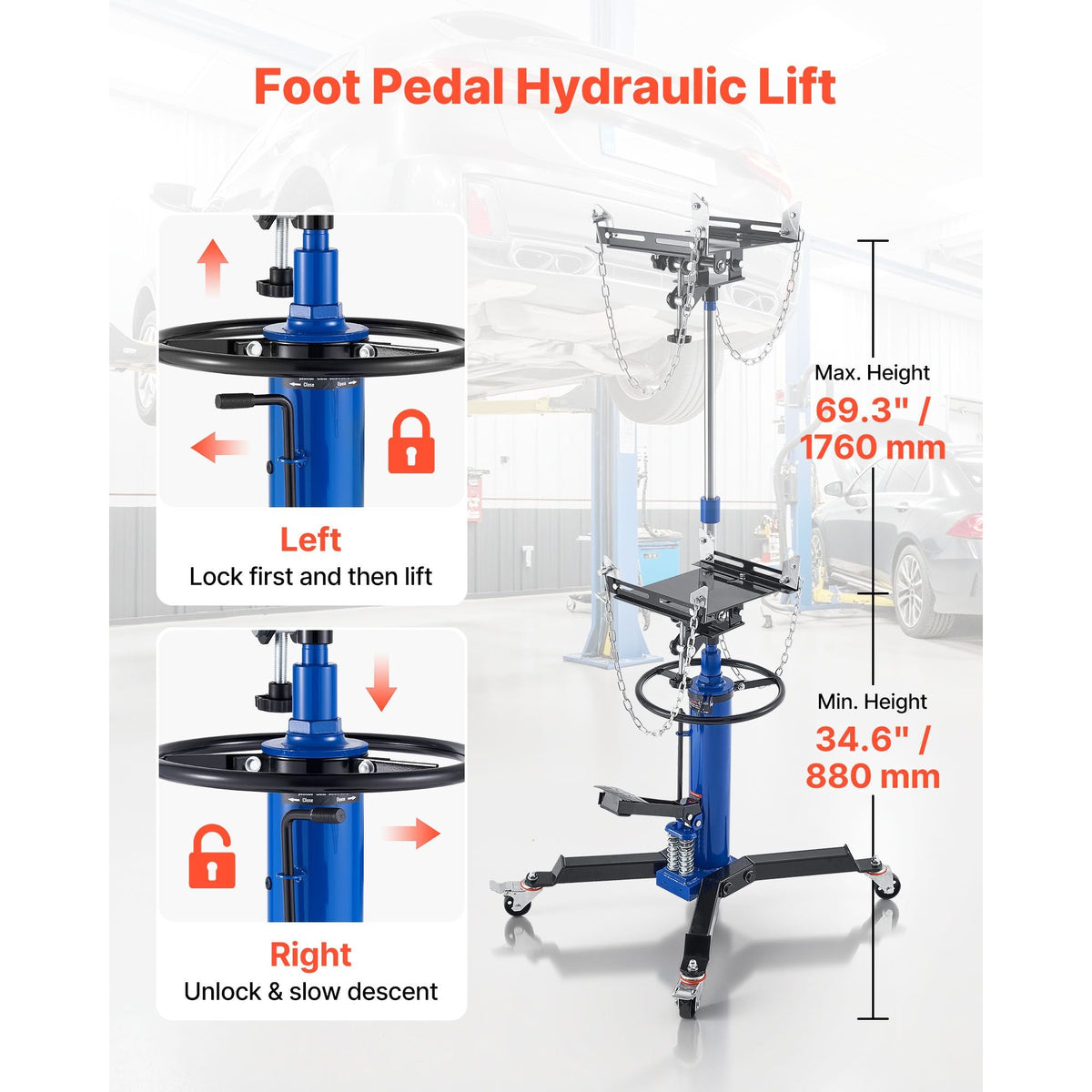 Hydraulic Transmission Jack, 1322 lbs / 0.6 Ton Lifting Capacity Telescoping Transmission Jack with Foot Pedal, Dual Telescopic Trans, 34.6-69.3 in High Lifting Height, Garage/Shop Lift Hoist