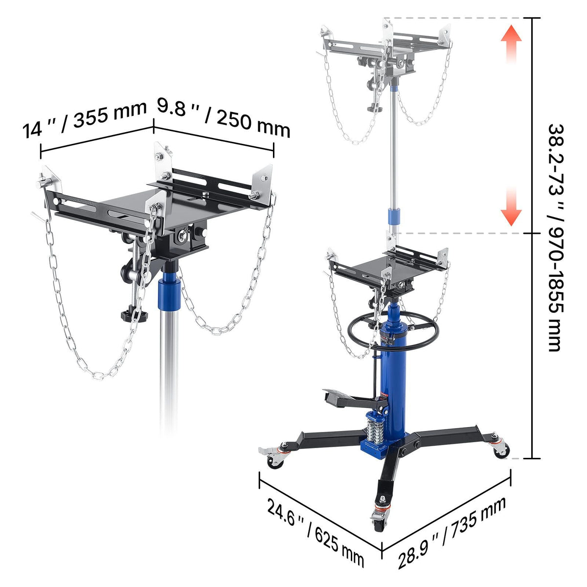 Hydraulic Transmission Jack, 1322 lbs / 0.6 Ton Lifting Capacity Telescoping Transmission Jack with Foot Pedal, Dual Telescopic Trans, 34.6-69.3 in High Lifting Height, Garage/Shop Lift Hoist