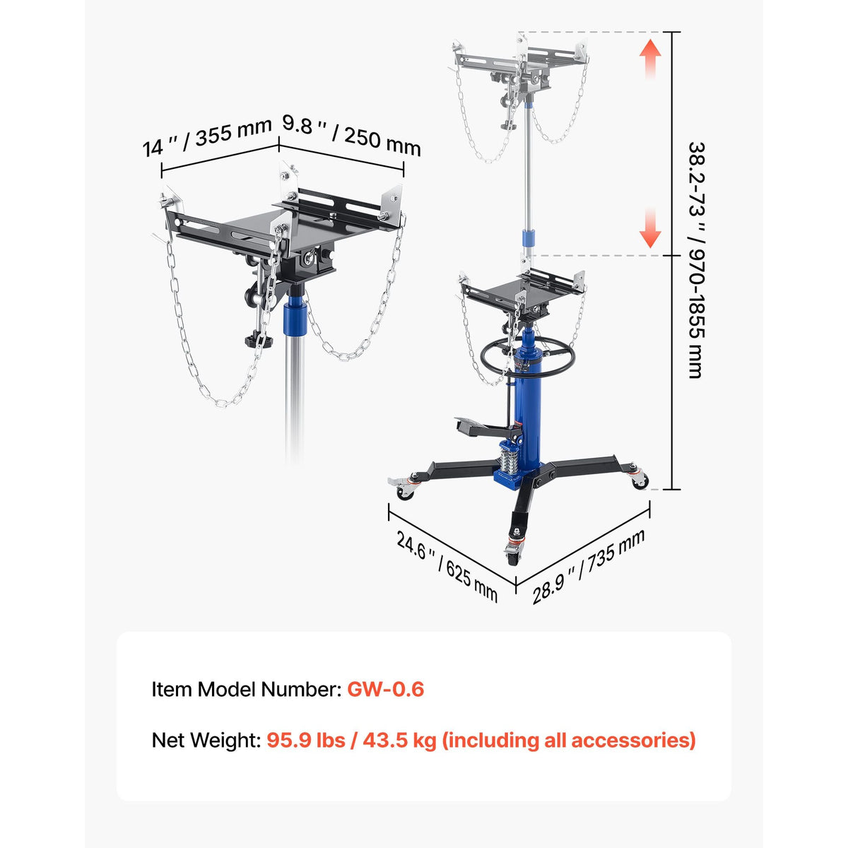 Hydraulic Transmission Jack, 1322 lbs / 0.6 Ton Lifting Capacity Telescoping Transmission Jack with Foot Pedal, Dual Telescopic Trans, 34.6-69.3 in High Lifting Height, Garage/Shop Lift Hoist