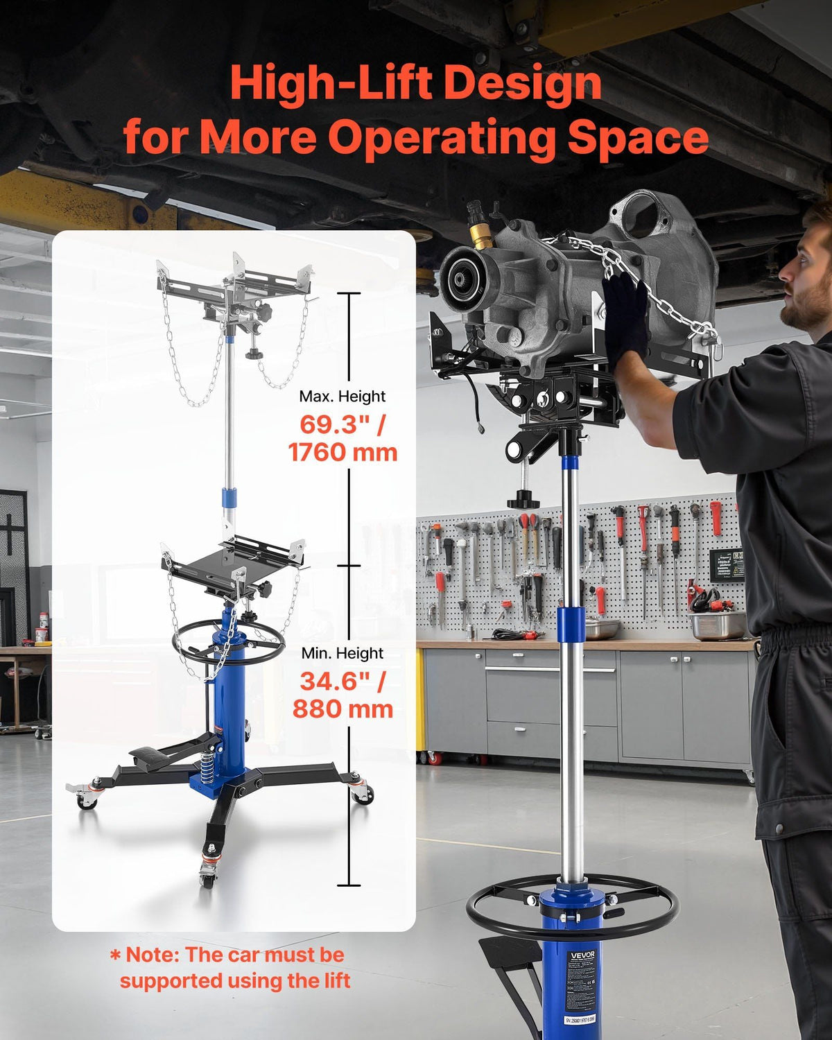 Hydraulic Transmission Jack, 1660 lbs / 0.75 Ton Lifting Capacity Telescoping Transmission Jack with Foot Pedal, 360° Swivel Wheel, 34.6-69.3 in High Lifting Height, Lift Hoist for Garage/Shop