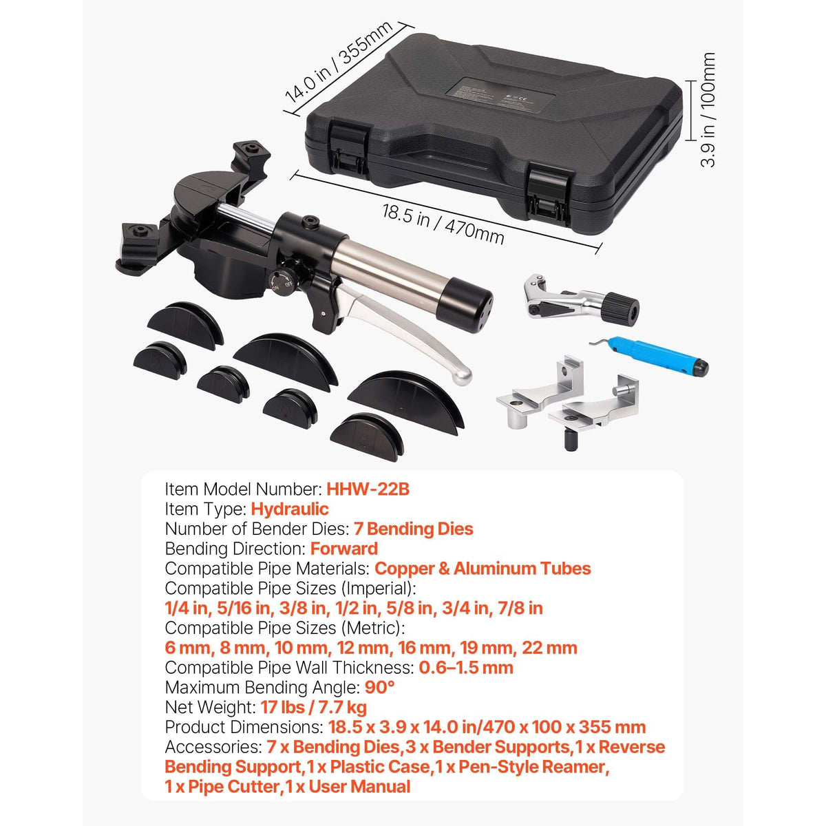 Hydraulic Tubing Bender Kit, 1/4 to 7/8 Inch, Copper Tube Pipe Bender, Forward/Reverse HVAC Bending Tool Set, with 7 Aluminium Alloy Dies, for HVAC Air Conditioning Refrigeration Auto Repair