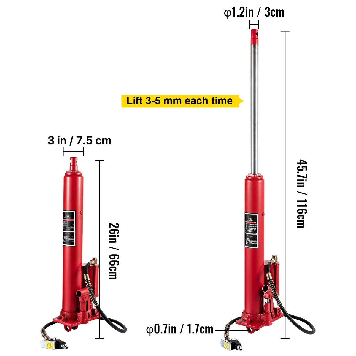 Hydraulic/Pneumatic Long Ram Jack, 8 Tons/17363 lbs Capacity, with Single Piston Pump and Clevis Base, Manual Cherry Picker with Handle, for Garage/Shop Cranes, Engine Lift Hoist, Red