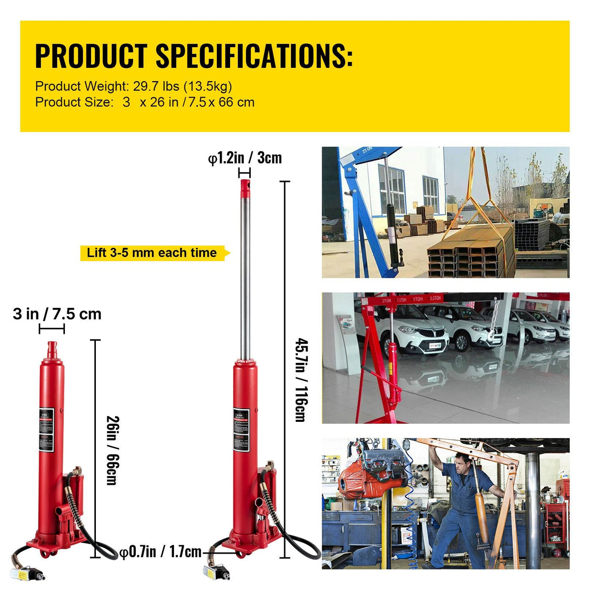 Hydraulic/Pneumatic Long Ram Jack, 8 Tons/17363 lbs Capacity, with Single Piston Pump and Clevis Base, Manual Cherry Picker with Handle, for Garage/Shop Cranes, Engine Lift Hoist, Red