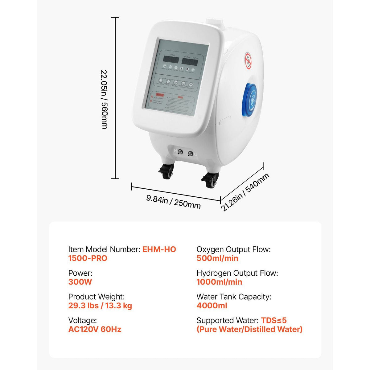 Hydrogen Inhalation Machine, 99.99% High Purity Hydrogen Inhaler, HO-Separated 1500ml/min (1000 H+500 O) Dual Port Hydrogen Oxygen Inhaler, Hydrogen-Rich Water Generator with Wheels for Home