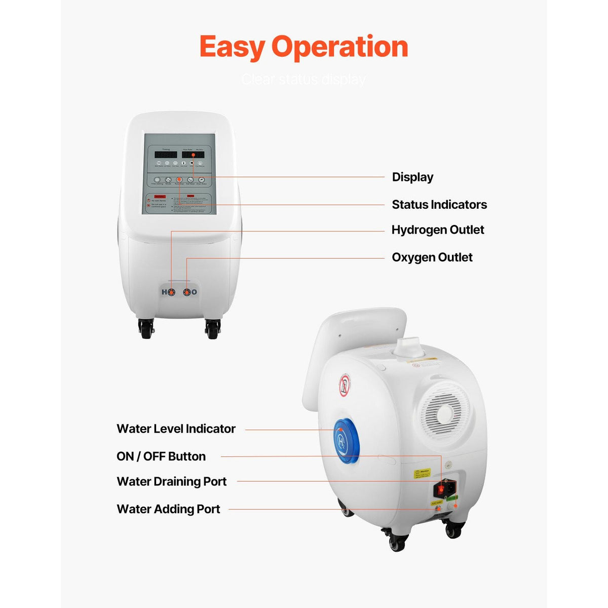 Hydrogen Inhalation Machine, 99.99% High Purity Hydrogen Inhaler, HO-Separated 1500ml/min (1000 H+500 O) Dual Port Hydrogen Oxygen Inhaler, Hydrogen-Rich Water Generator with Wheels for Home