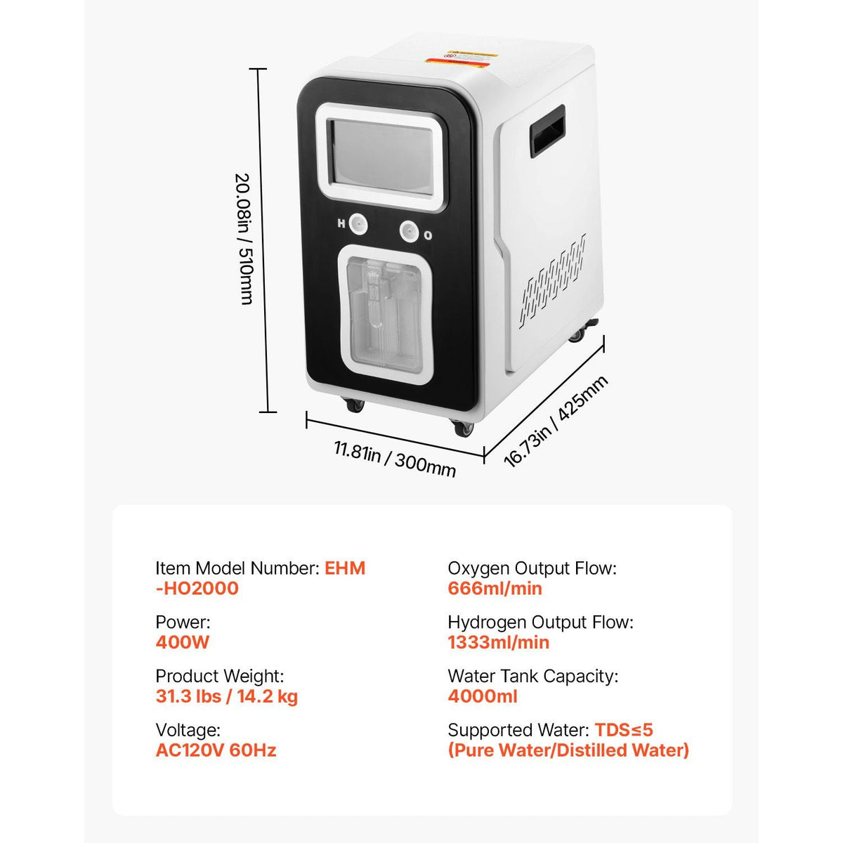 Hydrogen Inhalation Machine, 99.99% High Purity Hydrogen Inhaler, HO-Separated 1800ml/min Dual Port Hydrogen Oxygen Inhaler, Hydrogen-Rich Water Generator with Wheels for Home Travel