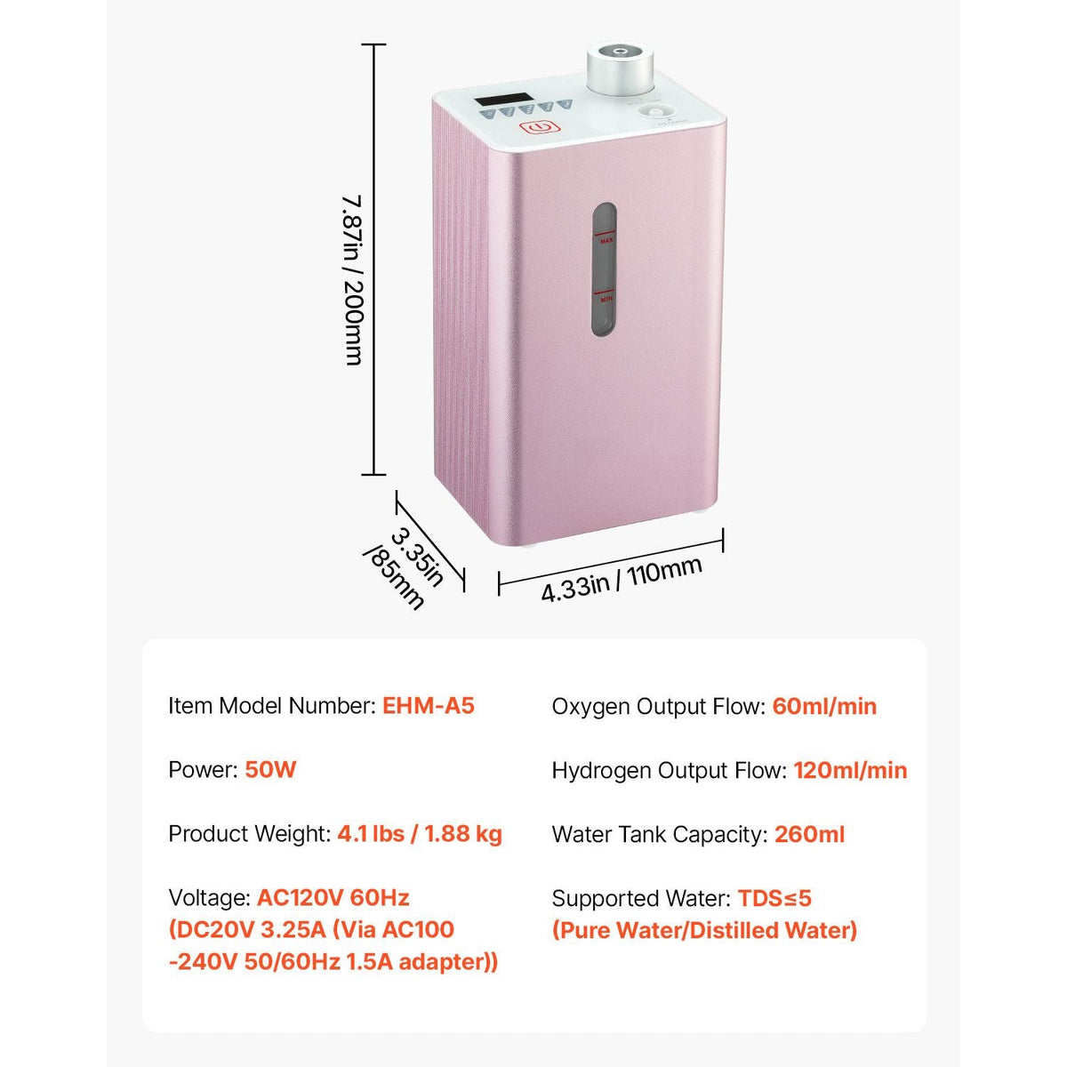 Hydrogen Inhalation Machine, 99.99% High Purity Hydrogen Inhaler, HO-Separated 180ml/min (120 H+60 O) Dual Port Hydrogen Oxygen Inhaler, Hydrogen-Rich Water Generator for Home Travel
