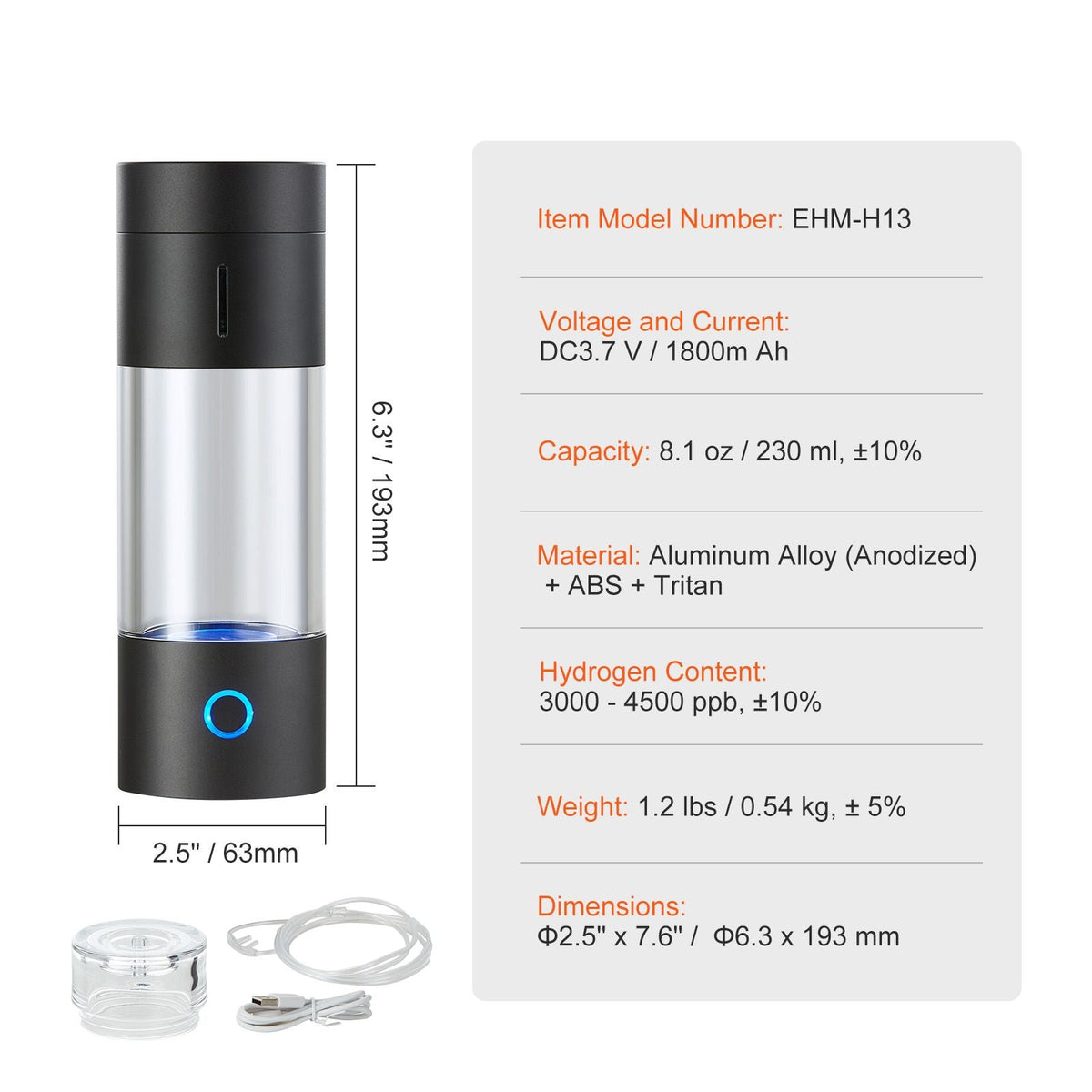 Hydrogen Water Bottle Generator, 230 ml / 8.1 oz Capacity Portable Hydrogen Water Maker, SPE Technology Hydrogen Rich Water Ionizer Machine with Nasal Inhalation Tube and Self-Cleaning