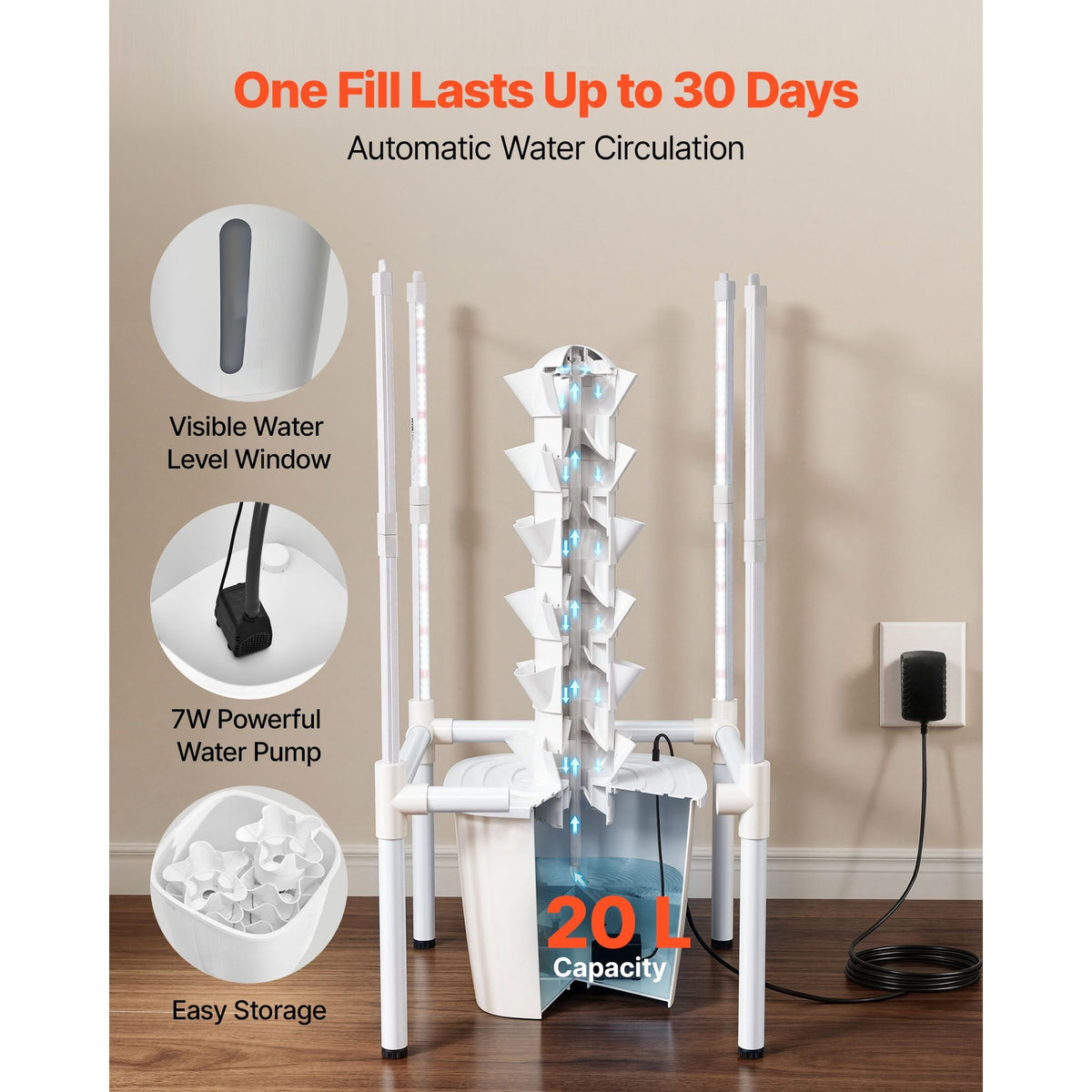Hydroponic Tower, 30 Pods 6 Tiers Hydroponics Growing System Kit with LED Grow Light & App Control, Vertical Home Garden with 20L Water Tank & Pump, Planter for Indoor Herbs, Fruits, Vegetables