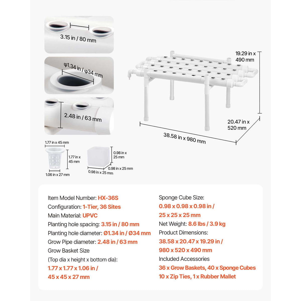 Hydroponics Growing System Kit, 1-Tier 36 Sites UPVC Pipe Hydroponic Grow Kit with Timed Irrigation, Sun & Light Blocking Pipes, Indoor Home Garden Vegetable Planting Grow Kits for Fruit Herb