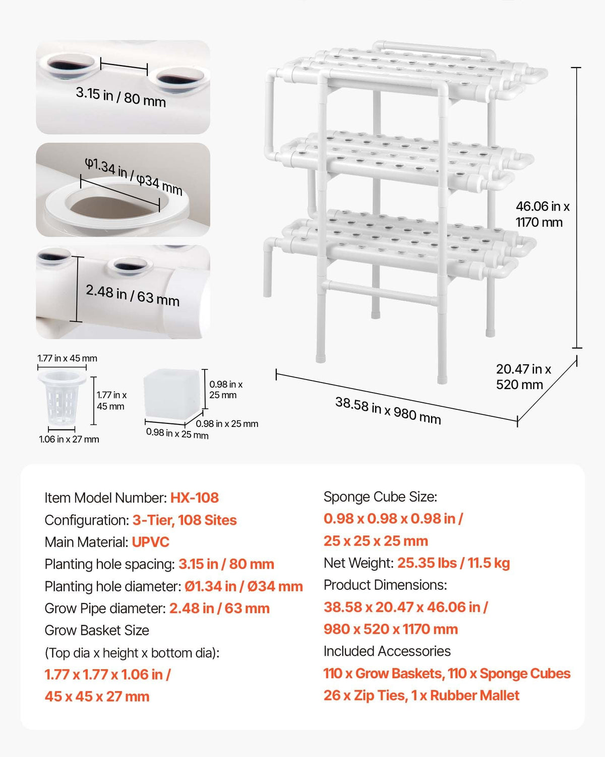 Hydroponics Growing System Kit, 3-Tier 108 Sites UPVC Pipe Hydroponic Grow Kit with Timed Irrigation, Thickened Hydroponic Pipes, Indoor Home Garden Vegetable Planting Grow Kits for Fruit Herb
