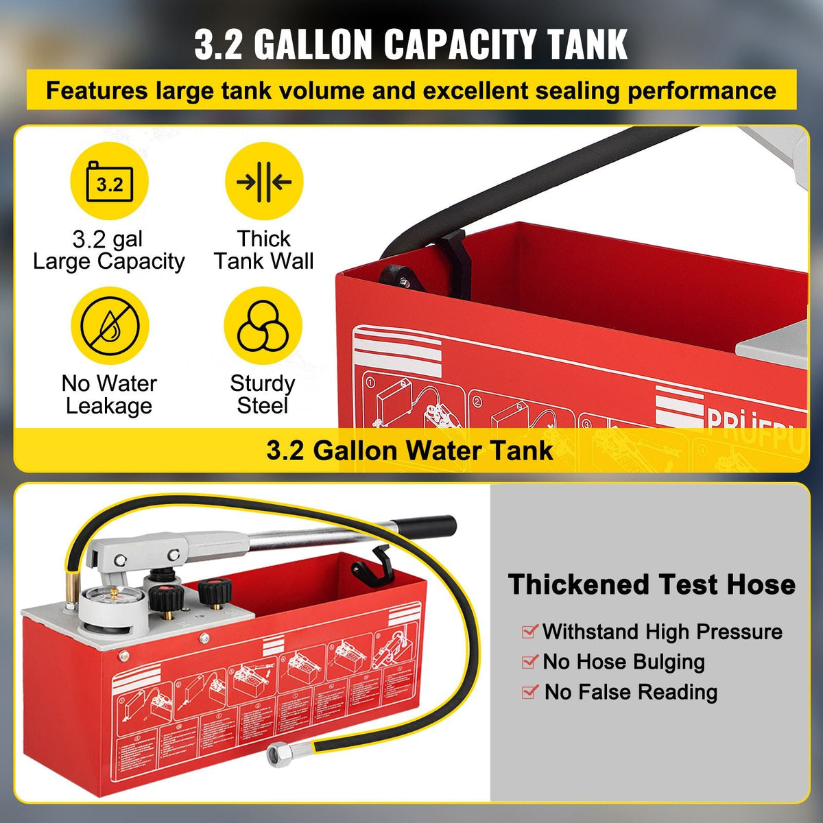 Hydrostatic Pressure Test Pump, Test Up to 25 bar/2.5 MPa, 3.2 Gallon Tank, Hydraulic Manual Water Pressure Tester Kit with Two-Unit Gauge & R 1/2\" Connection, for Pipeline Fluid Pressure Testi
