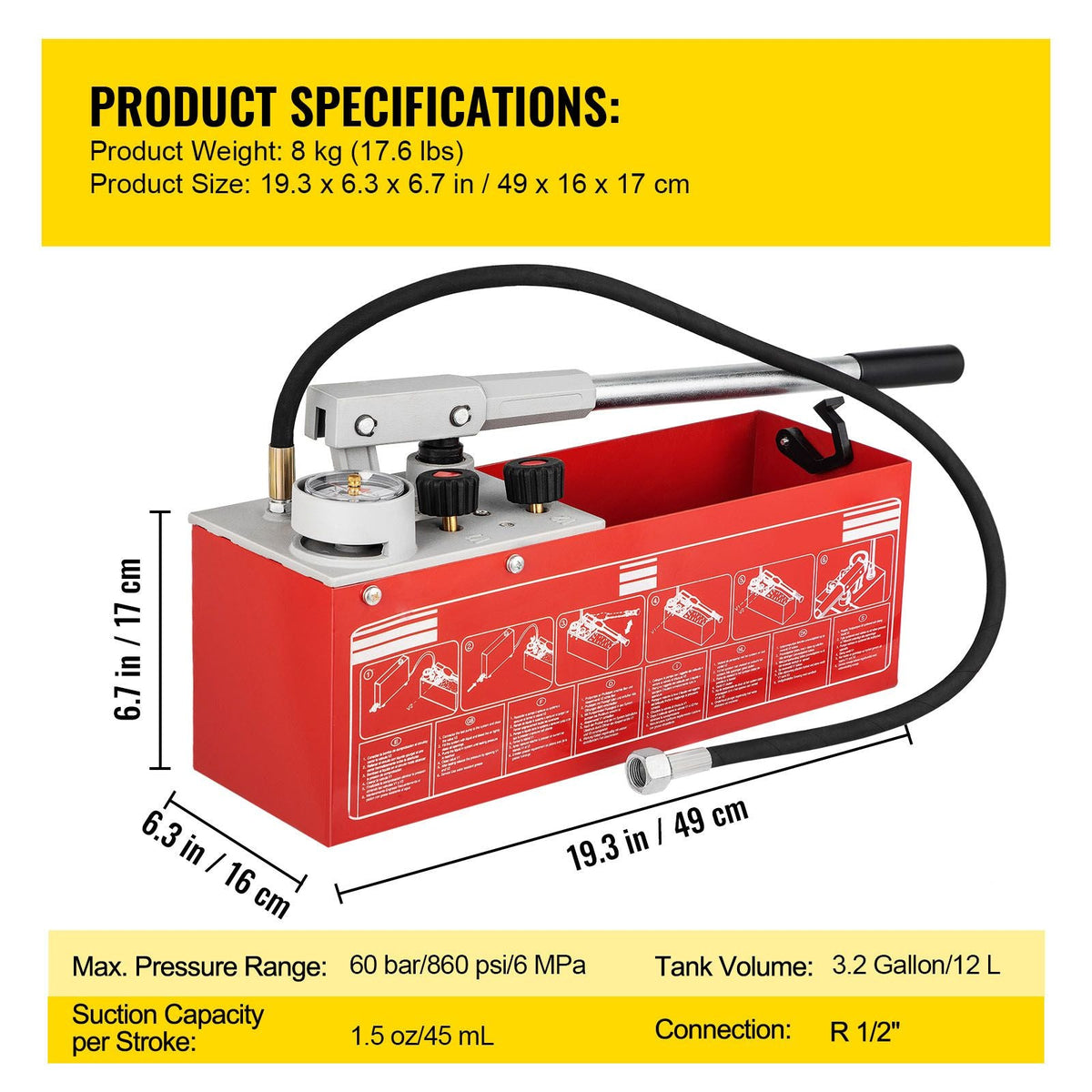 Hydrostatic Pressure Test Pump, Test Up to 60 bar/860 psi, 3.2 Gallon Tank, Hydraulic Manual Water Pressure Tester Kit with Three-Unit Gauge & R 1/2\" Connection for Pipeline Fluid Pressure Test
