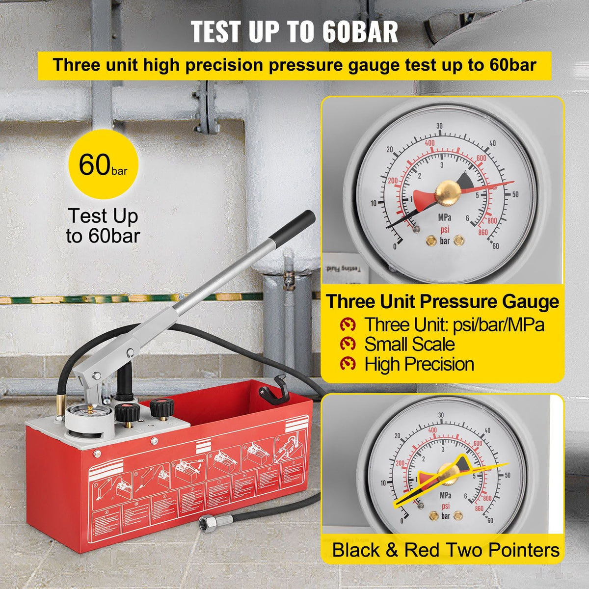 Hydrostatic Pressure Test Pump, Test Up to 60 bar/860 psi, 3.2 Gallon Tank, Hydraulic Manual Water Pressure Tester Kit with Three-Unit Gauge & R 1/2\" Connection for Pipeline Fluid Pressure Test