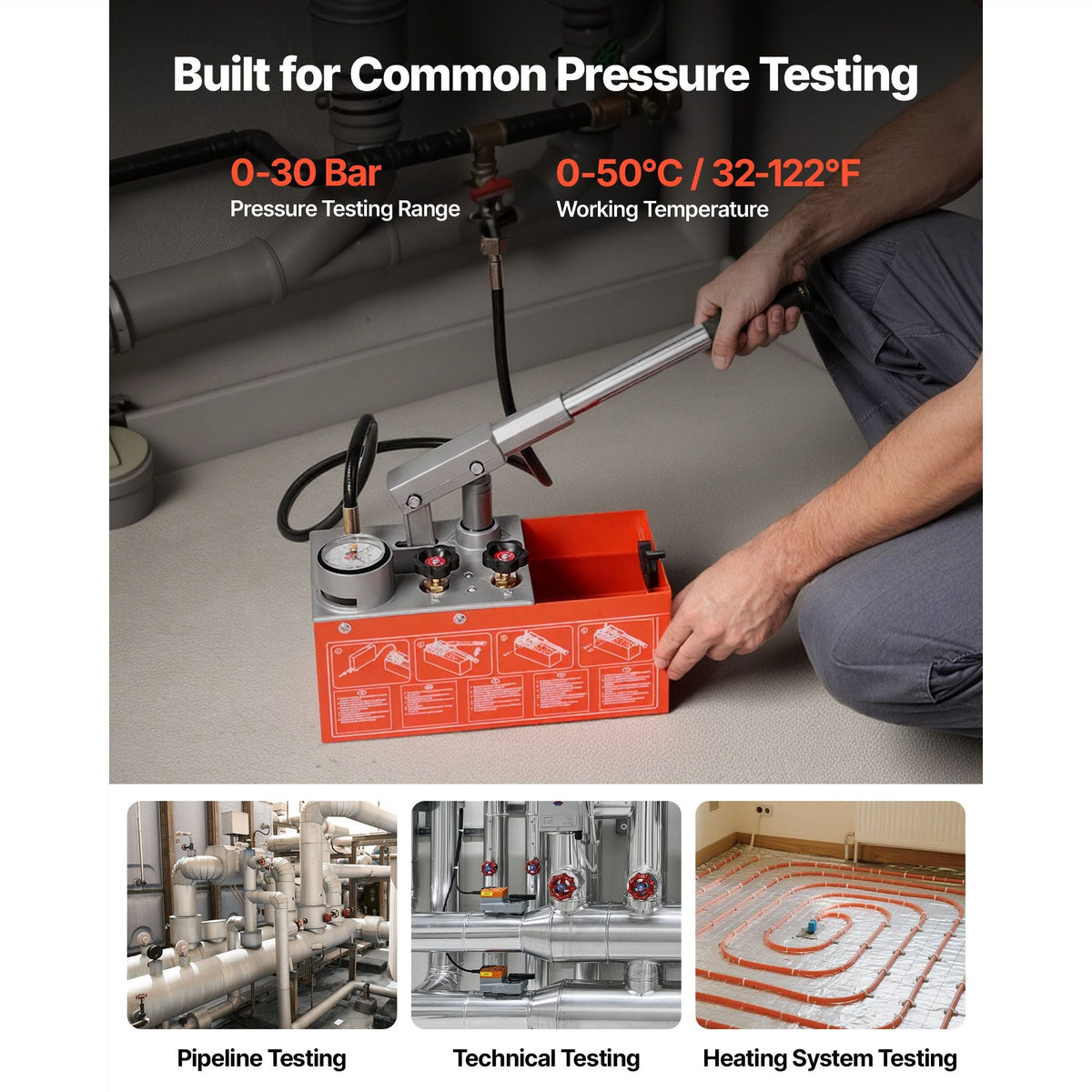 Hydrostatic Test Pump 1.6 Gallon Hydraulic Manual Water Pressure Tester, Dual Valve Hydrostatic Water Pipe Leakage Pressure Test Pump Kit with Gauge & Tank, 0-30 Bar Range, for Pipeline Heating