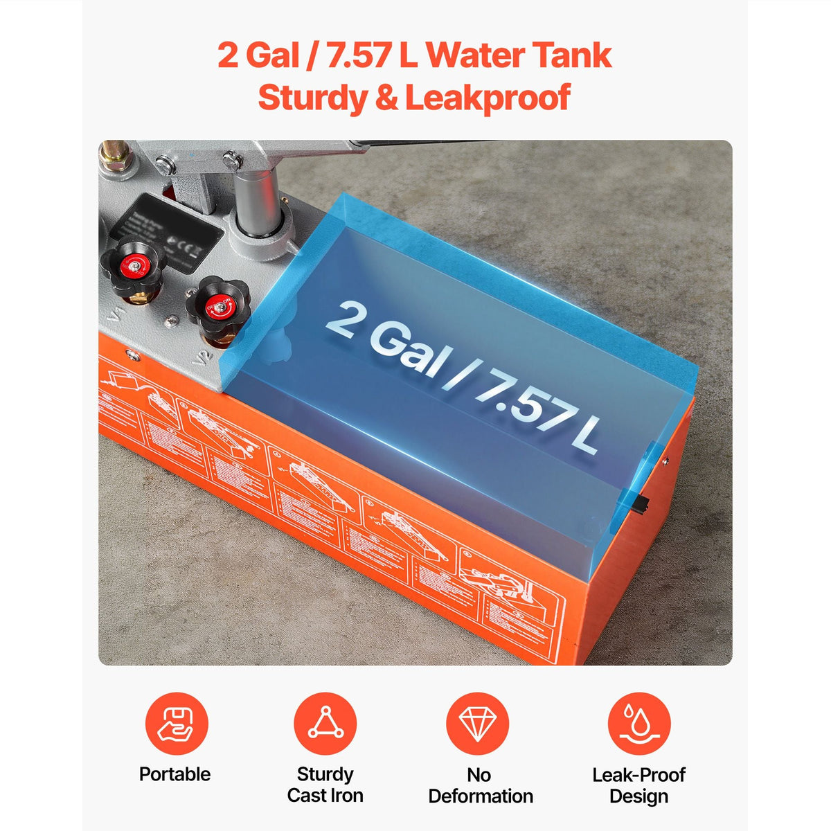 Hydrostatic Test Pump 2 Gallon Hydraulic Manual Water Pressure Tester, Dual Valve Hydrostatic Water Pipe Leakage Pressure Test Pump Kit with Gauge & Tank, 0-60 Bar Range, for Pipeline, Heating