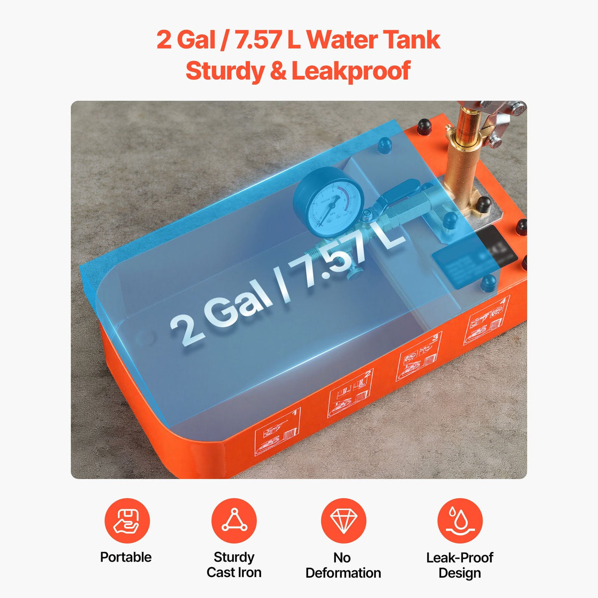 Hydrostatic Test Pump 2 Gallon Hydraulic Manual Water Pressure Tester, Single Valve Hydrostatic Water Pipe Leakage Pressure Test Pump Kit with Gauge & Tank, 0-50 Bar Range, for Pipeline Heating