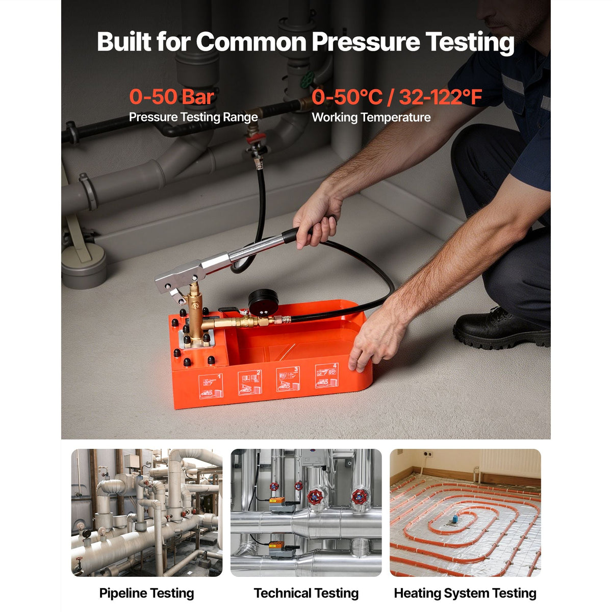 Hydrostatic Test Pump 2 Gallon Hydraulic Manual Water Pressure Tester, Single Valve Hydrostatic Water Pipe Leakage Pressure Test Pump Kit with Gauge & Tank, 0-50 Bar Range, for Pipeline Heating